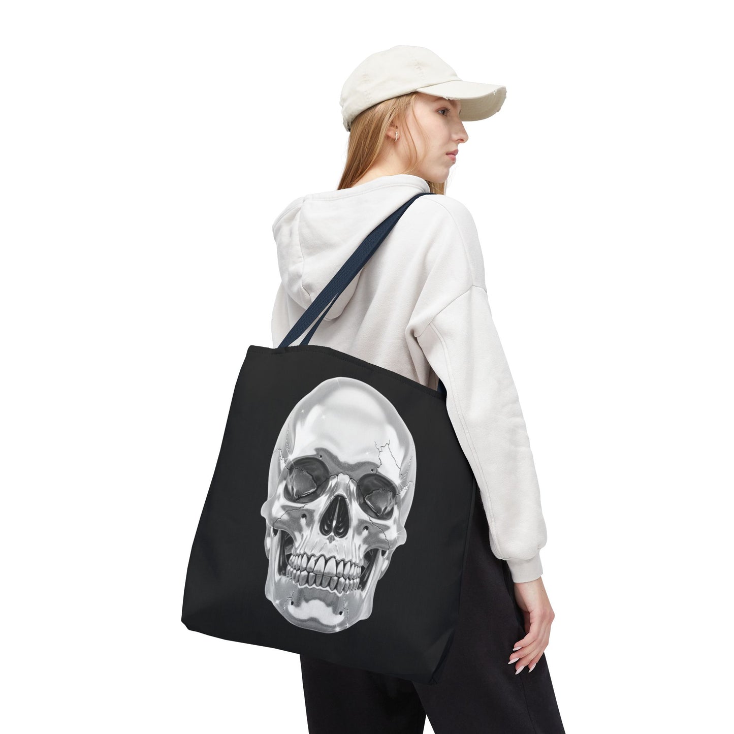 Chrome Skull Tote Bag, Gothic Halloween Canvas Tote, Metallic Skull Design Bag, Spooky Season Accessory, Skull Gift Tote For Horror Fans