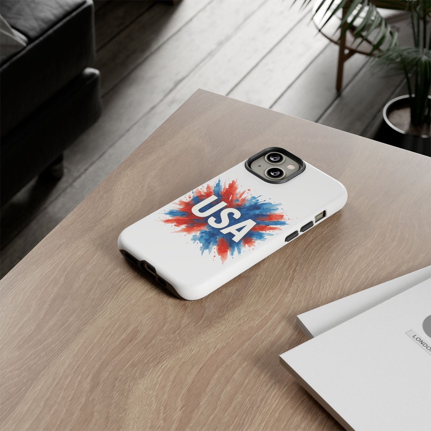 USA Splash iPhone Case - Patriotic Red White Blue Tough Cover, Dual-Layer Protection, 4th of July Memorial Day Gift