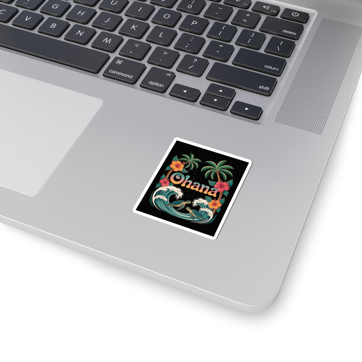 Ohana Sticker – Retro Hawaiian Sea Turtle Decal with Palm Trees & Waves – Waterproof Vinyl Laptop or Water Bottle Tropical Gift