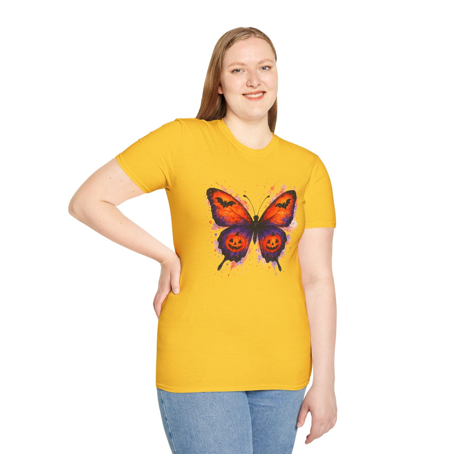 Halloween Watercolor Butterfly T-Shirt - Pumpkin Butterfly Tee, Spooky Butterfly Shirt, Bat and Jack-O'Lantern Wings, Fall Aesthetic Tee