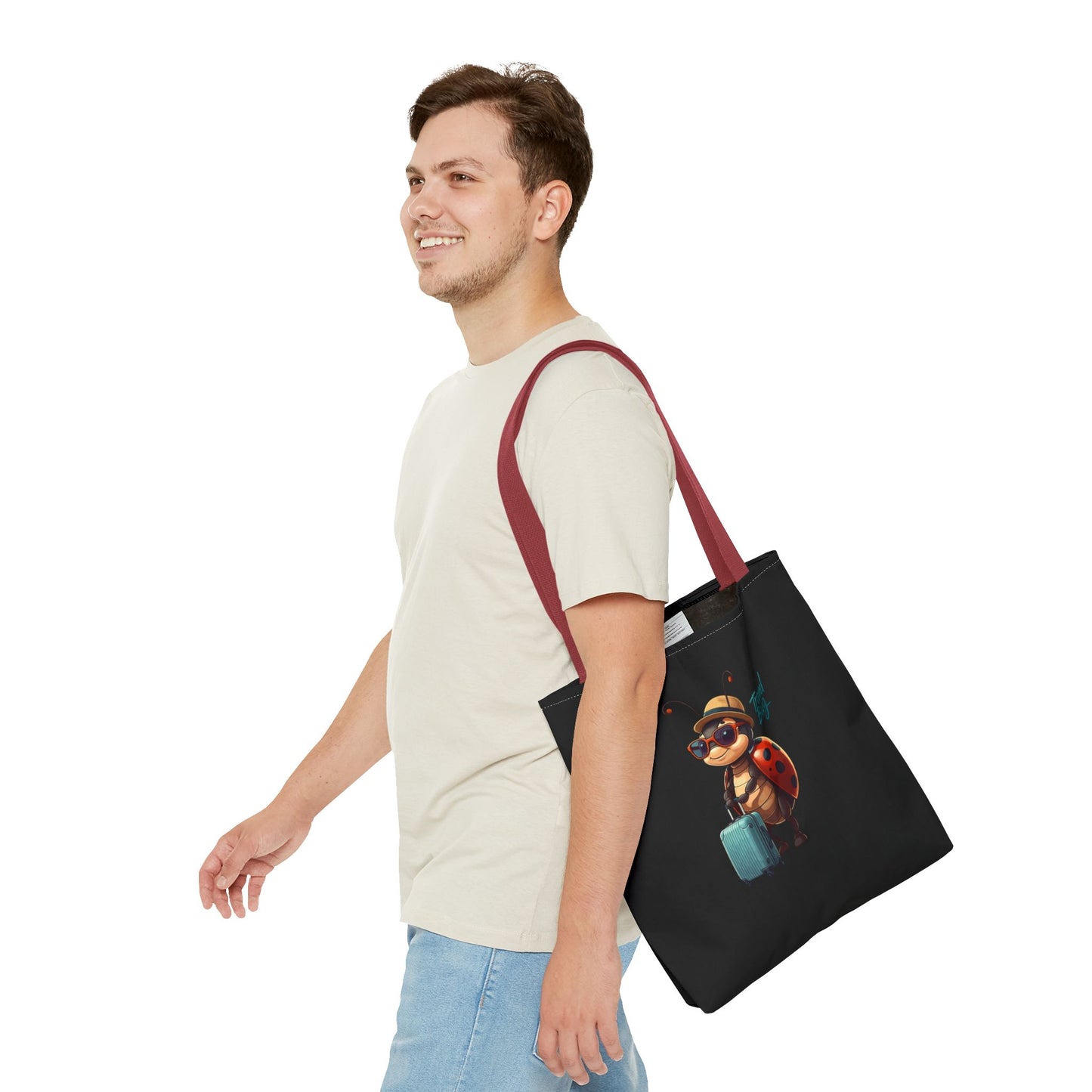Travel Bug Tote Bag | Cute Ladybug with Suitcase Art Tote – Whimsical Travel Accessory, Aesthetic Canvas Bag | Gift for Travelers