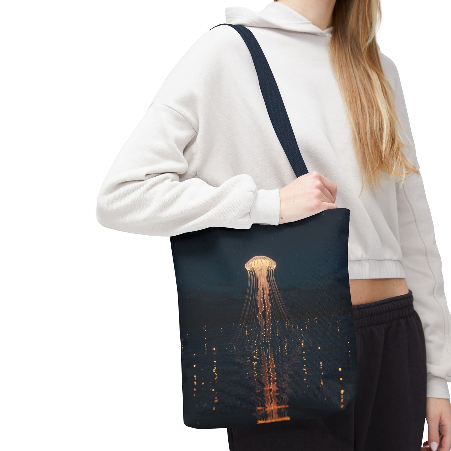 Luminous Jellyfish Tote Bag, Glow-Inspired Ocean Design Shoulder Bag, Durable Polyester Tote For Everyday Style, Gifts, And Coastal Fashion