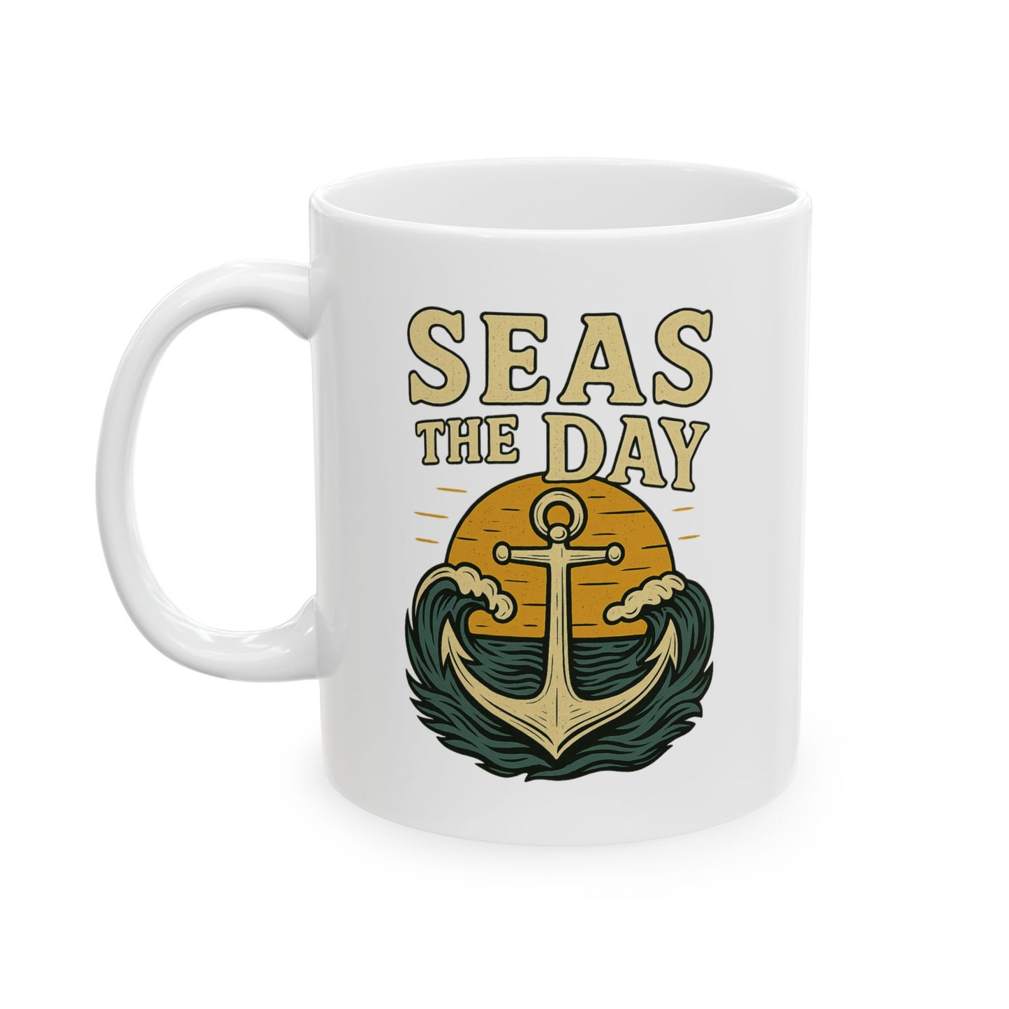 Seas the Day Coffee Mug – Nautical Anchor Ocean Sunset Cup, Funny Motivational Gift for Coffee Lovers, Sailors & Beach Vibes