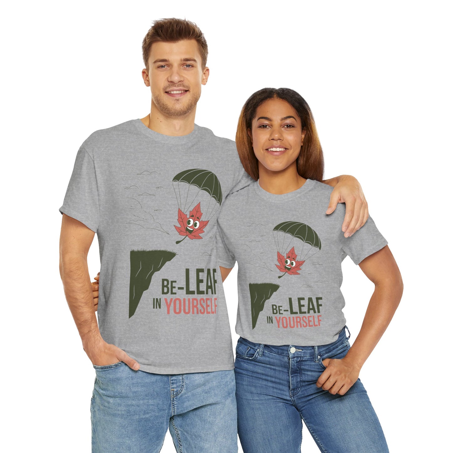 Be-Leaf In Yourself Maple Leaf Parachute T-Shirt | Funny Motivational Nature Graphic Tee | Self-Love Fall Autumn Shirt | Outdoorsy Gift