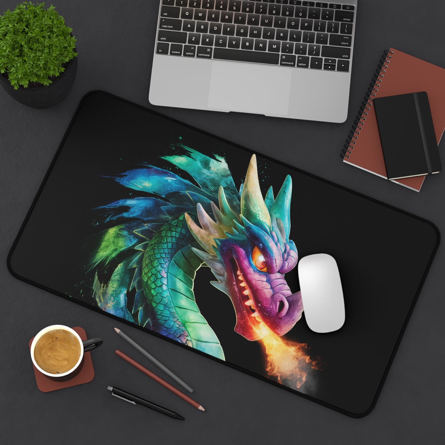Fantasy Dragon Desk Mat & Gaming Mouse Pad | Colorful Fire-Breathing Dragon Office & Gaming Desk Accessory | Gift for Gamers