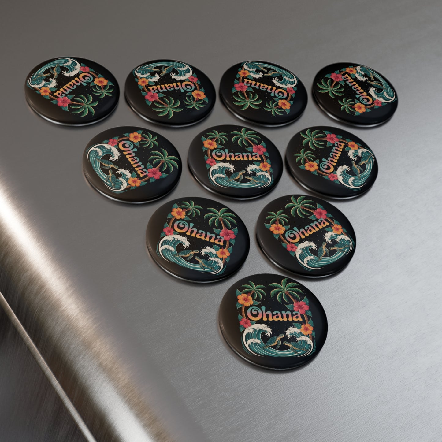 Ohana Magnet – Retro Hawaiian Palm Tree & Sea Turtle Button Magnet for Fridge or Locker – Aesthetic Tropical Gift with Island Vibes