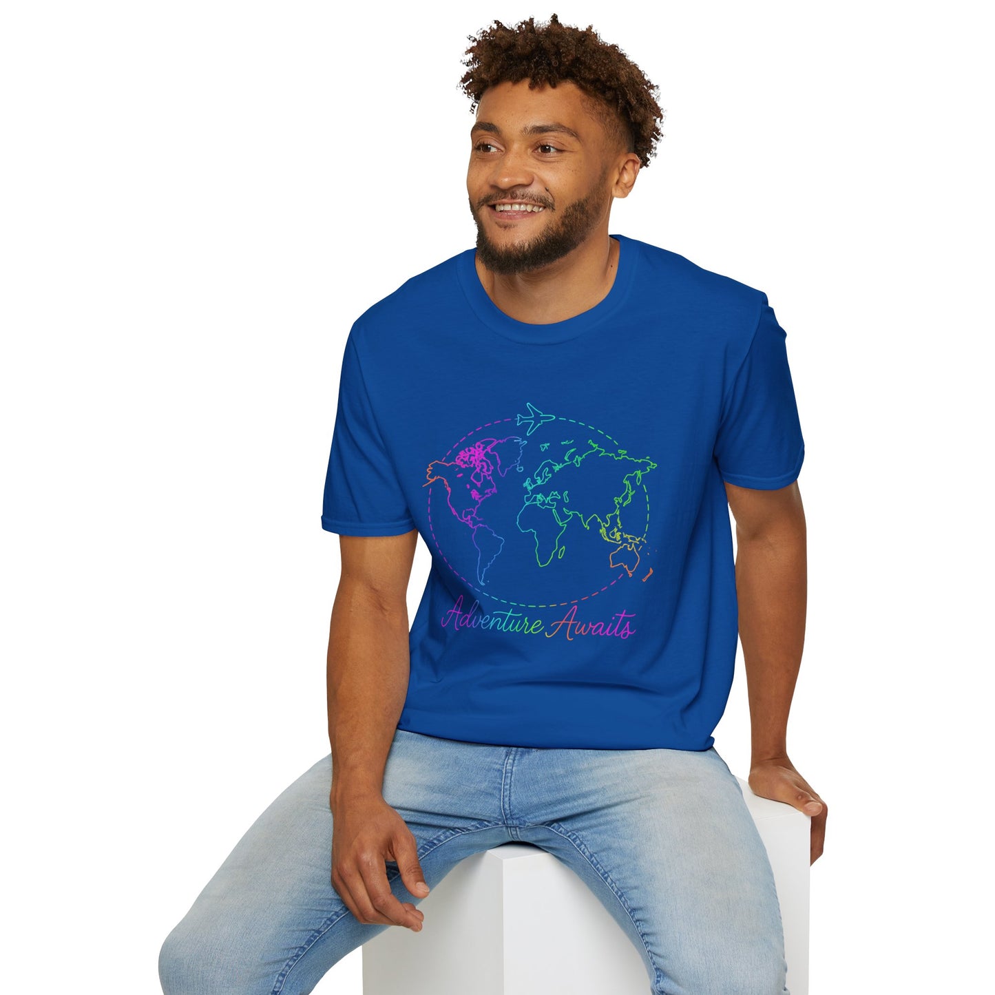 Adventure Awaits Neon Y2K Shirt - Retro Travel Tee, Rainbow Globe Graphic, Aesthetic Vacation Top, Y2K Gift for Travelers