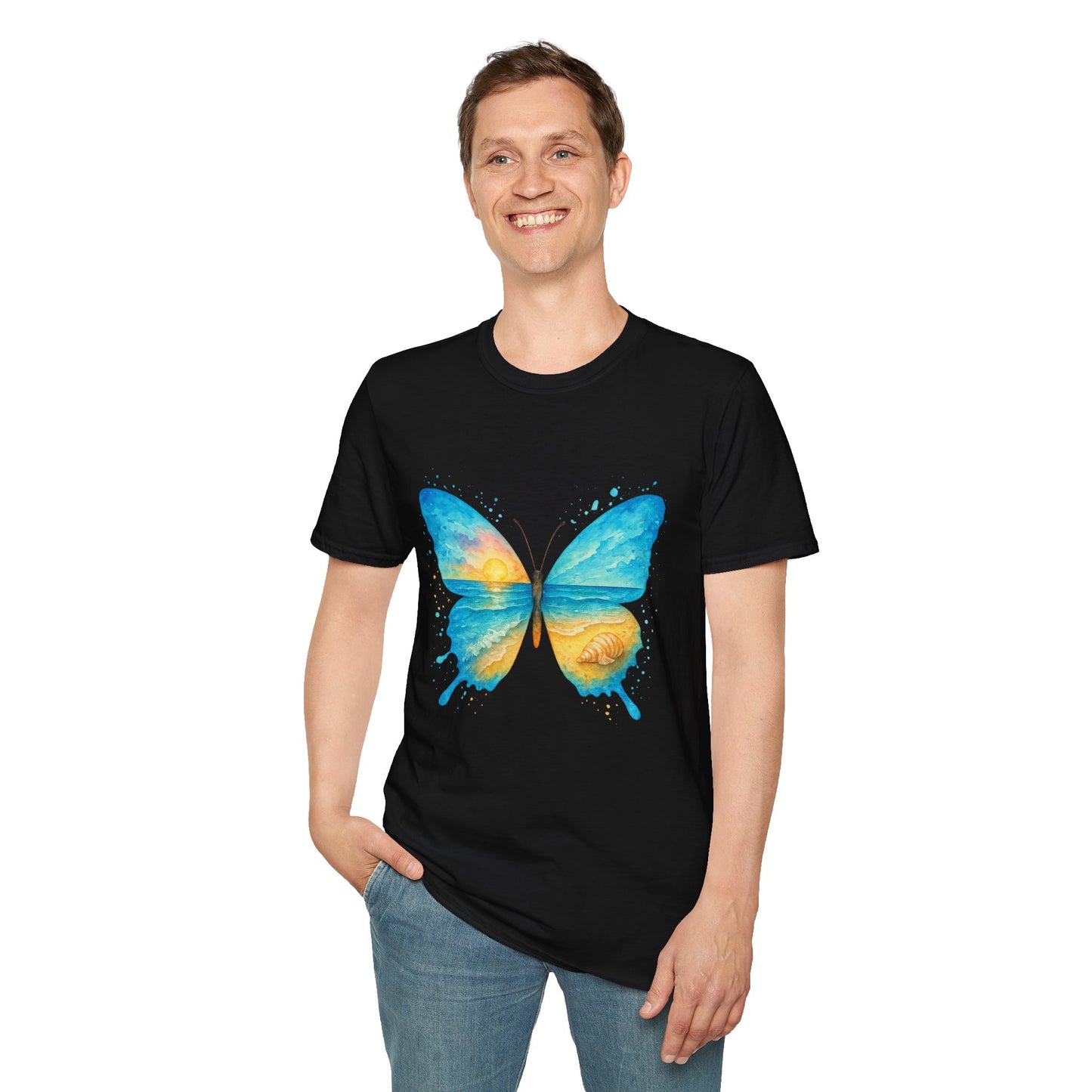 Butterfly Sunset Beach Tee - Scenic Butterfly Graphic Shirt, Nature Lover Gift, Boho Ocean Tee, Unisex Casual T-Shirt