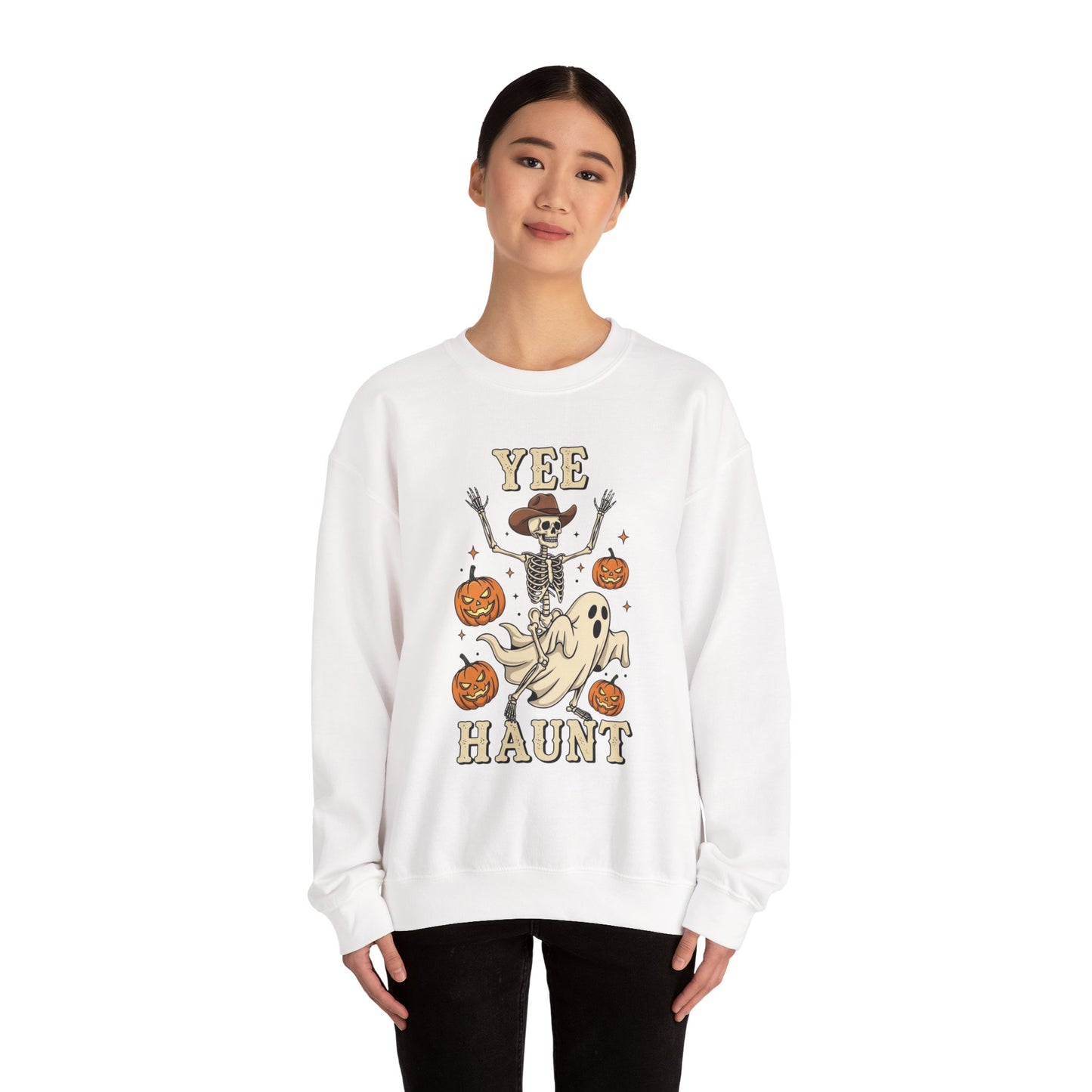 Yee Haunt Sweatshirt, Skeleton Ghost Pullover, Funny Halloween Crewneck, Spooky Pumpkin Ghost Tee, Haunting Night Graphic Sweatshirt