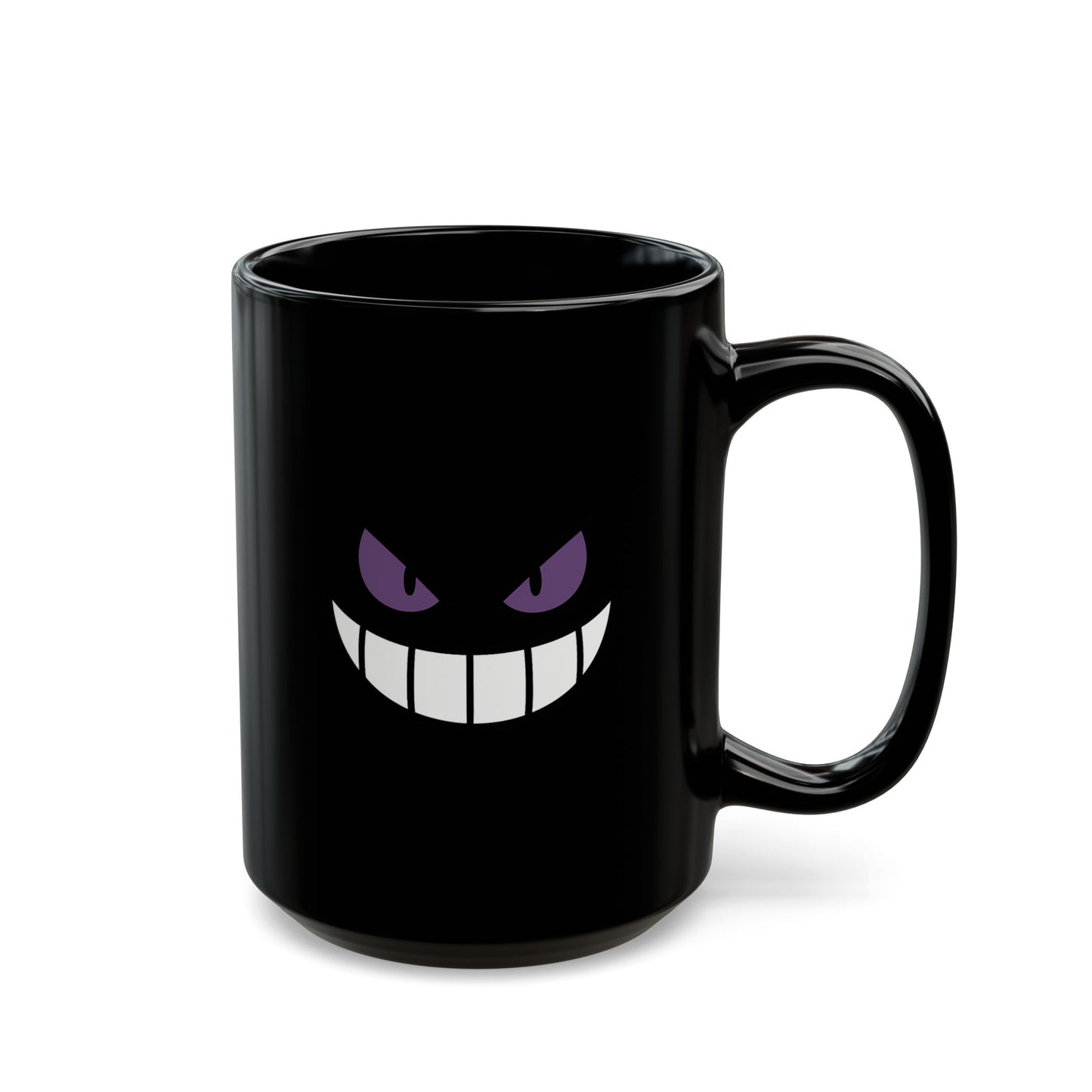 Mischievous Purple Eyes Mug - Black Coffee Cup with Spooky Grin - Cute Yet Creepy Gift for Gamers, Anime Fans, and Coffee Lovers
