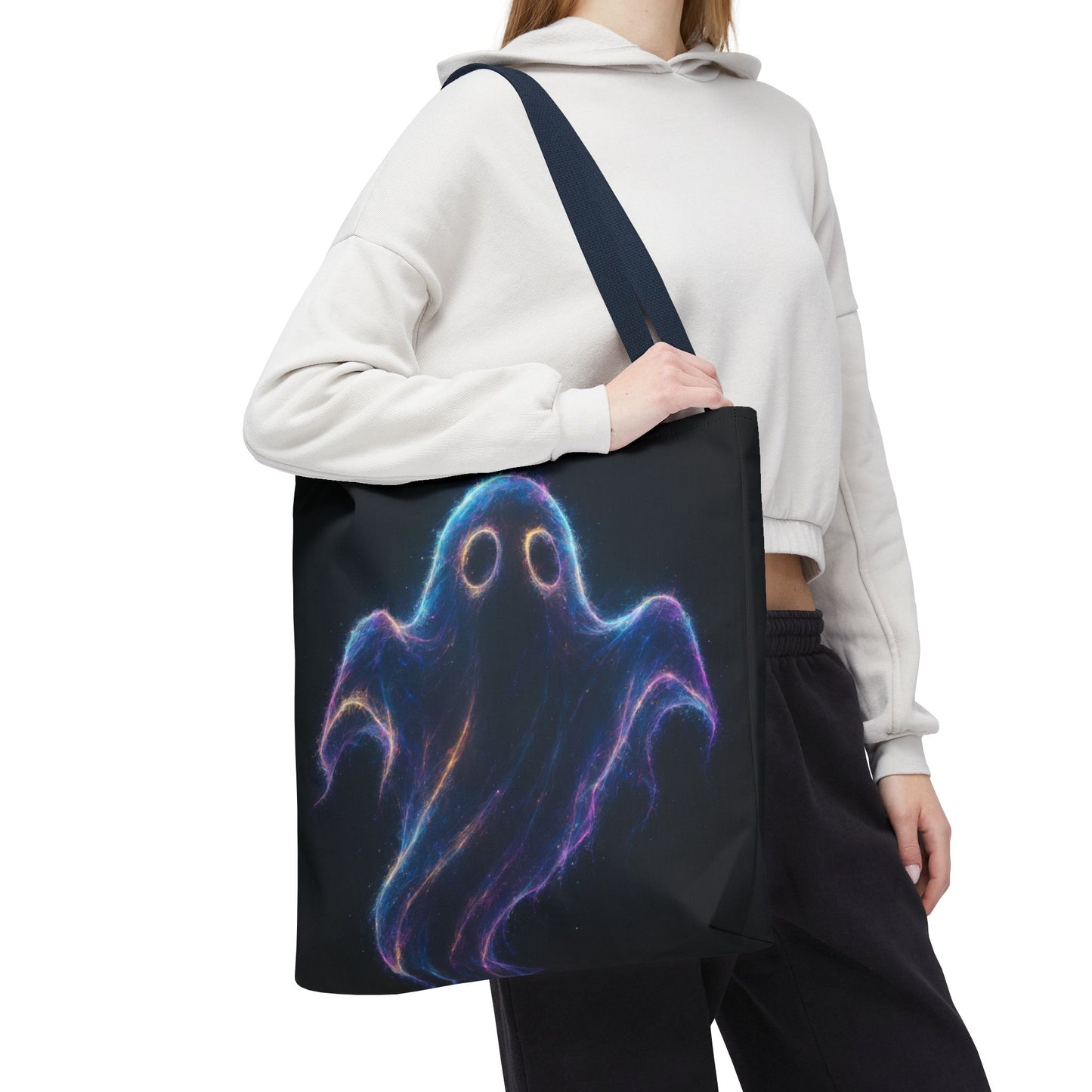 Neon Ghost Tote Bag, Spooky Halloween Canvas Tote, Glowing Cosmic Ghost Design Bag, Reusable Trick Or Treat Tote, Gothic Gift Accessory