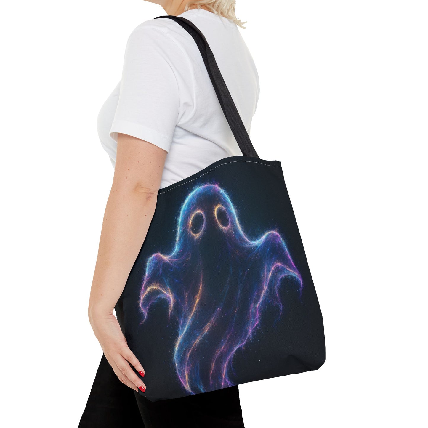 Neon Ghost Tote Bag, Spooky Halloween Canvas Tote, Glowing Cosmic Ghost Design Bag, Reusable Trick Or Treat Tote, Gothic Gift Accessory