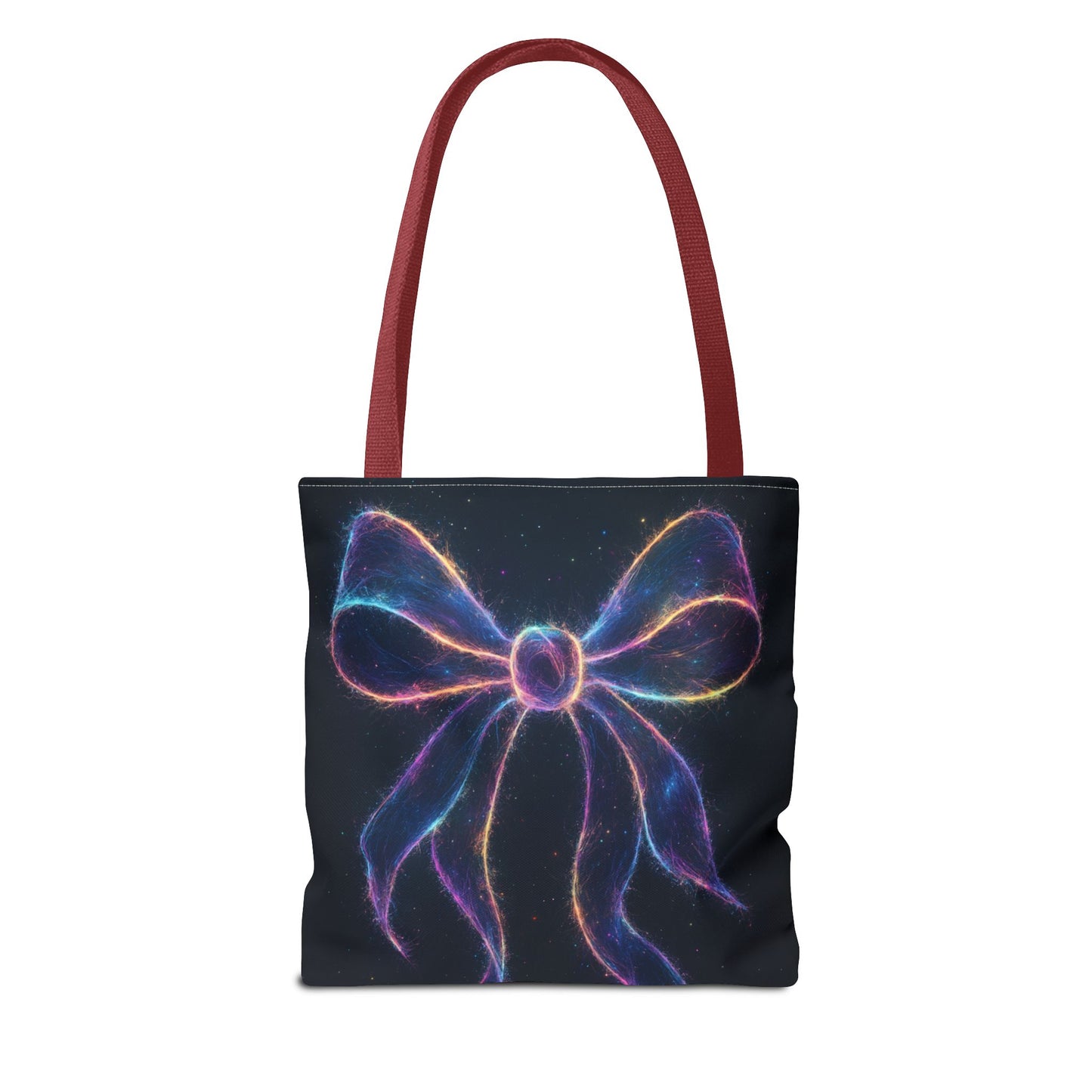 Galaxy Glow Bow Tote Bag, Cosmic Neon Ribbon Design, Black Space Art Bag, Celestial Gift For Her, Stylish Reusable Everyday Tote