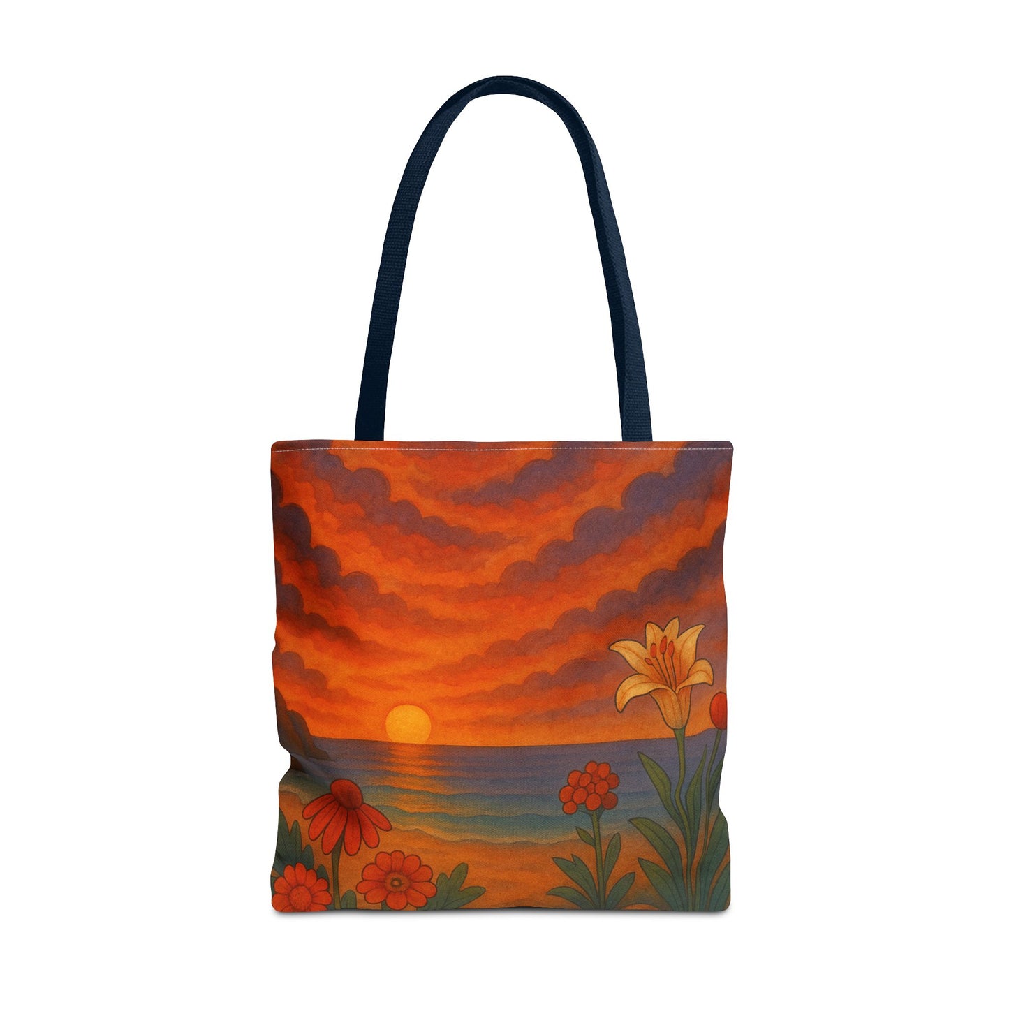 Retro Sunset Tote Bag with Wildflowers – Vibrant Floral Landscape Art, Nature-Inspired Reusable Bag, 70s Style Summer Accessory