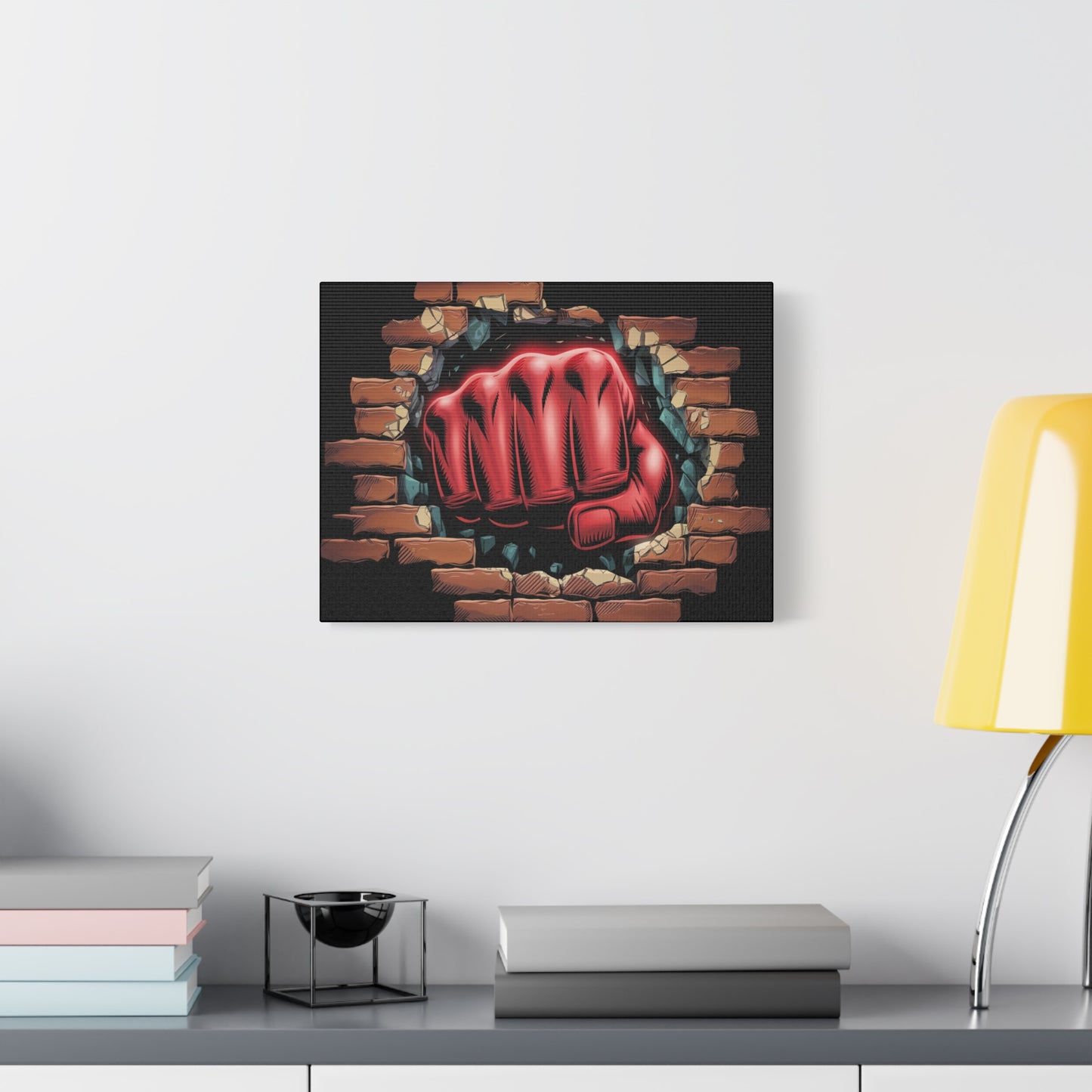 Canvas Wall Art - Red Fist Smashing Through Wall