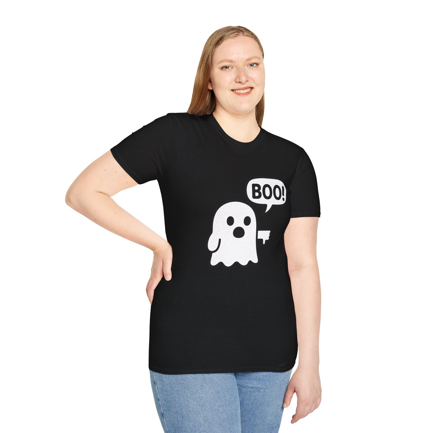 Cute Ghost Thumbs-Down 'Boo' Tee | Funny Halloween Play on Words Shirt | Spooky Season Ghost Tee | Fall Coquette Aesthetic Tee