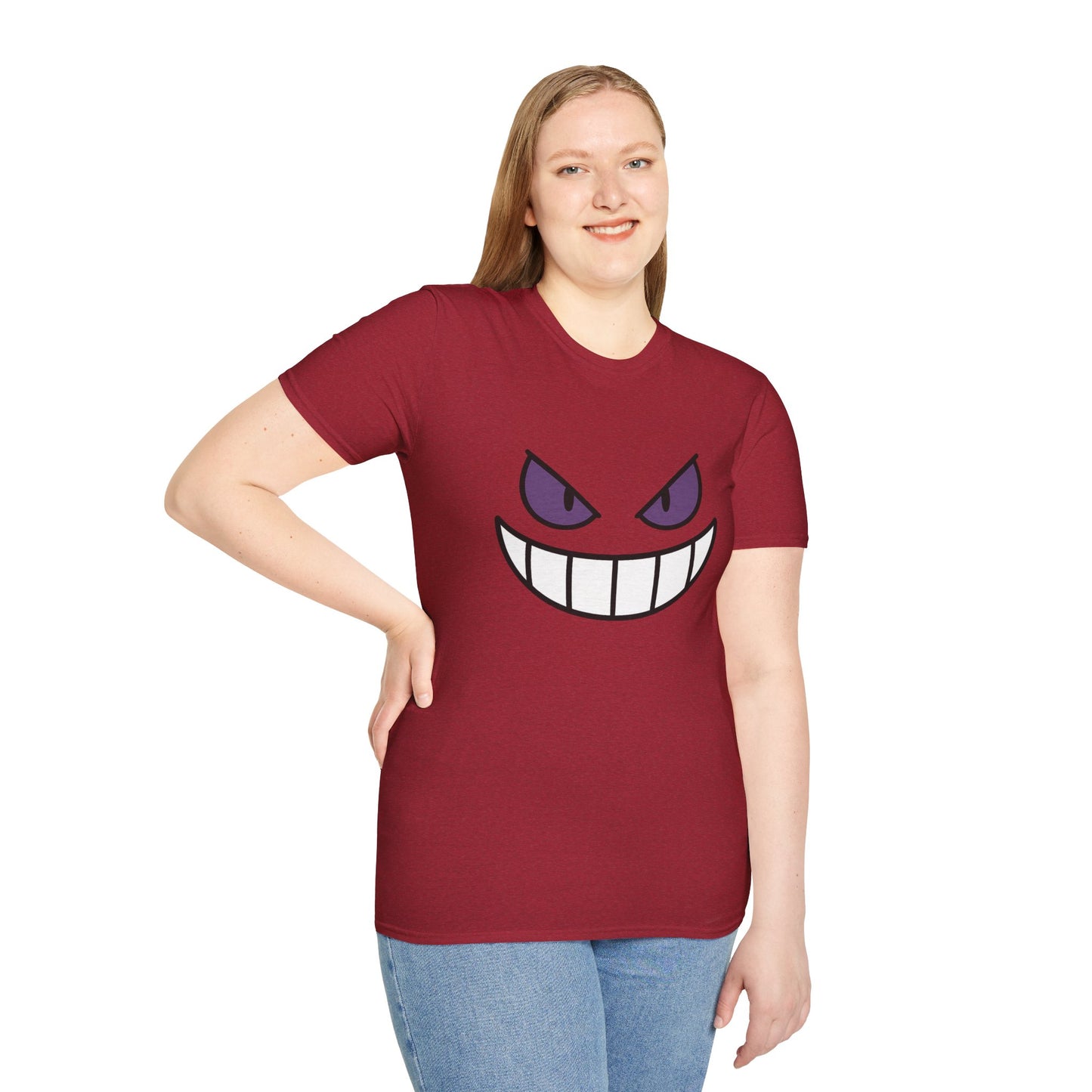 Mischievous Shadow Face Tee - Purple Eyes and Big Grin Graphic Shirt | Spooky Cute Gift, Retro Gaming Vibe, Funny Halloween Unisex Top