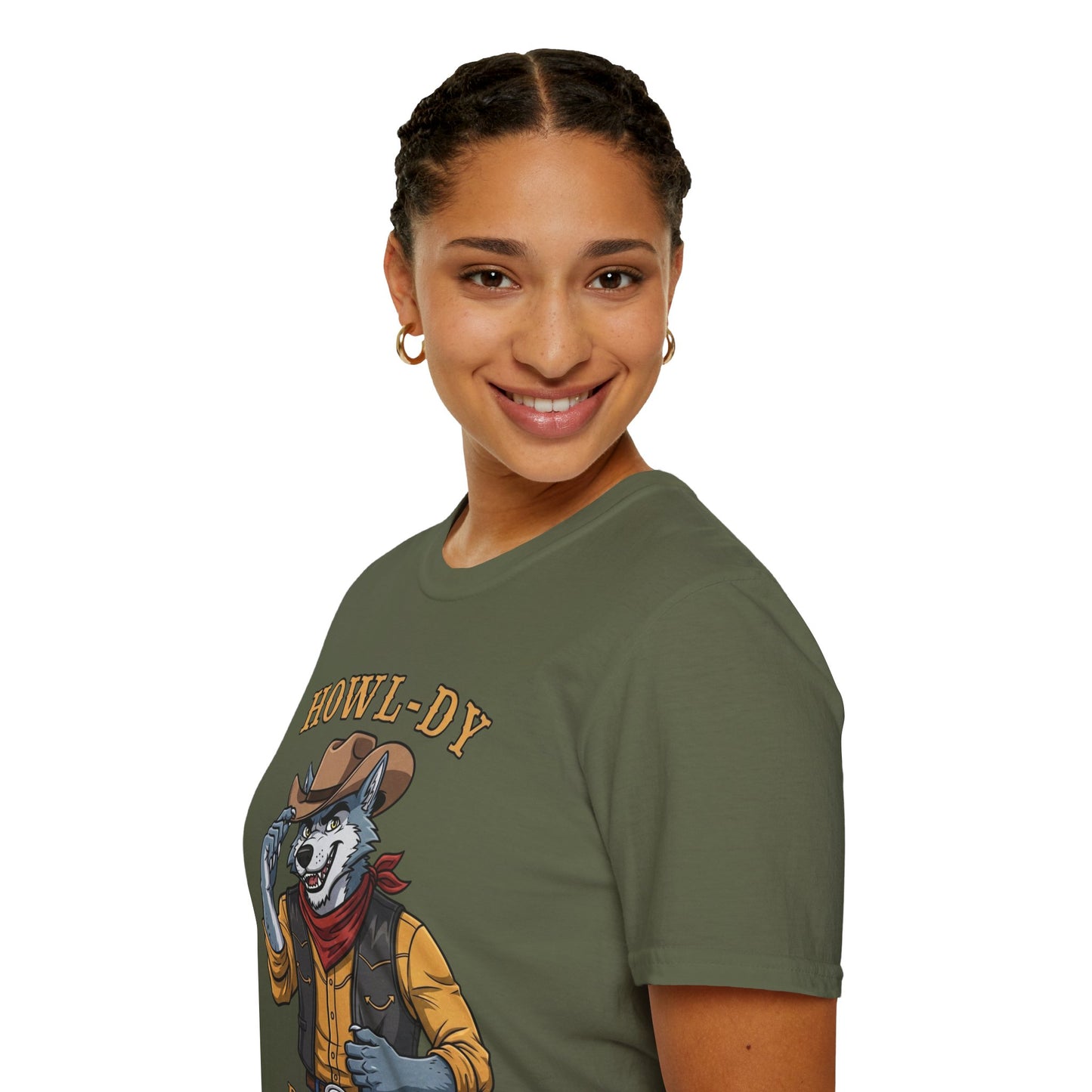 Howl-dy Partner Wolf Cowboy T-Shirt | Western Howling Wolf Graphic Tee, Funny Animal Shirt, Cowboy Gifts, Rustic Country Tee