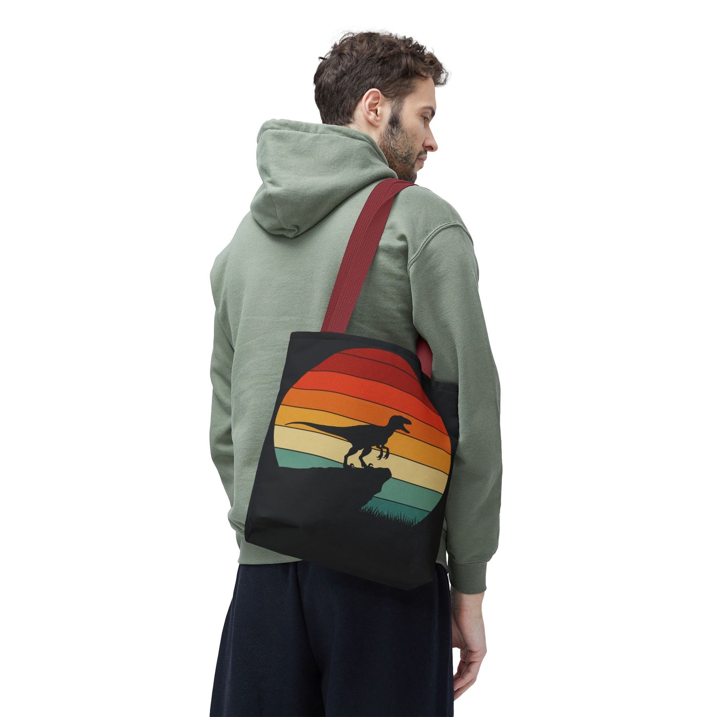 Retro Dino Sunset Tote Bag - Eco Canvas Dinosaur Beach Bag | Sustainable and Stylish Camping, Dino Lover Gift, Reusable Market Tote
