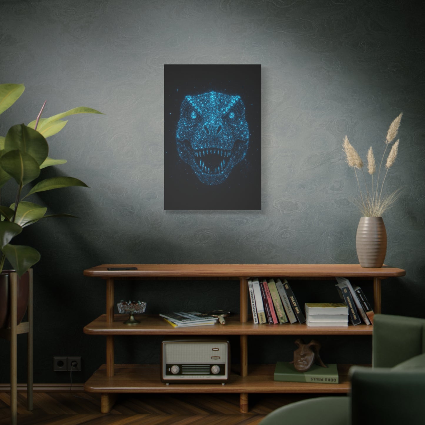 T-Rex Canvas Art - Blue Bioluminescent Particles Dinosaur Wall Decor, Modern Sci-Fi Bedroom Print, Kids and Adult Room Art Gift