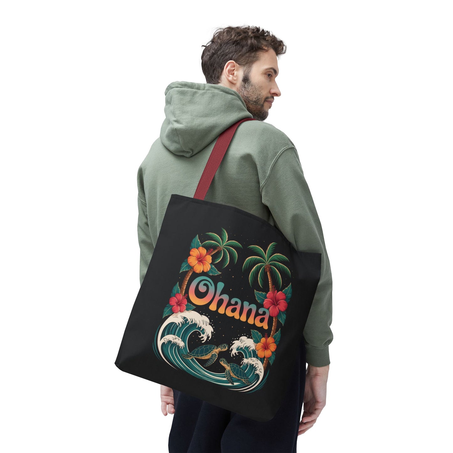 Ohana Tote Bag – Hawaiian Beach Tote with Sea Turtles & Palm Trees – Floral Tropical Reusable Bag, Summer Gift, Aesthetic Travel Purse