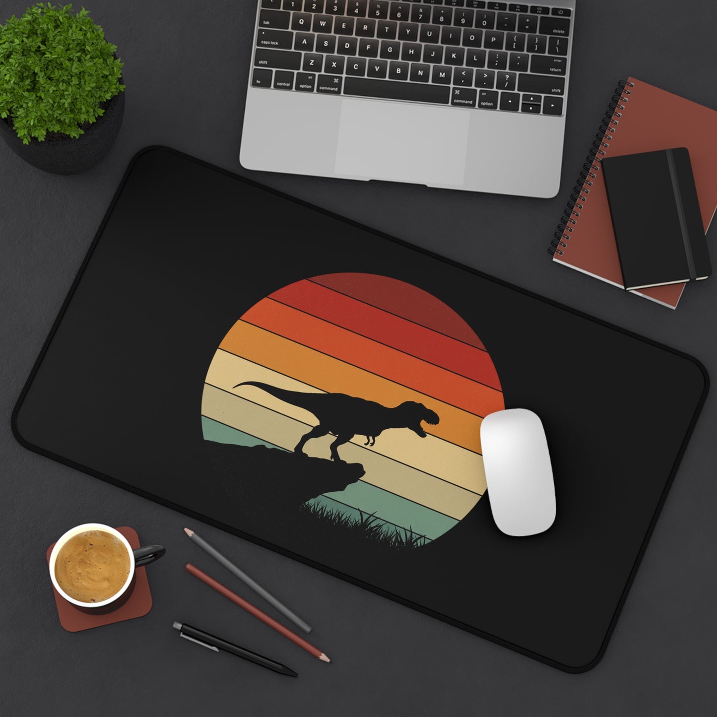 Retro T-Rex Sunset Desk Mat XL | Dinosaur Gaming and Office Mouse Pad - Non‑Slip Rug for Home, Kids, Paleontology Gift