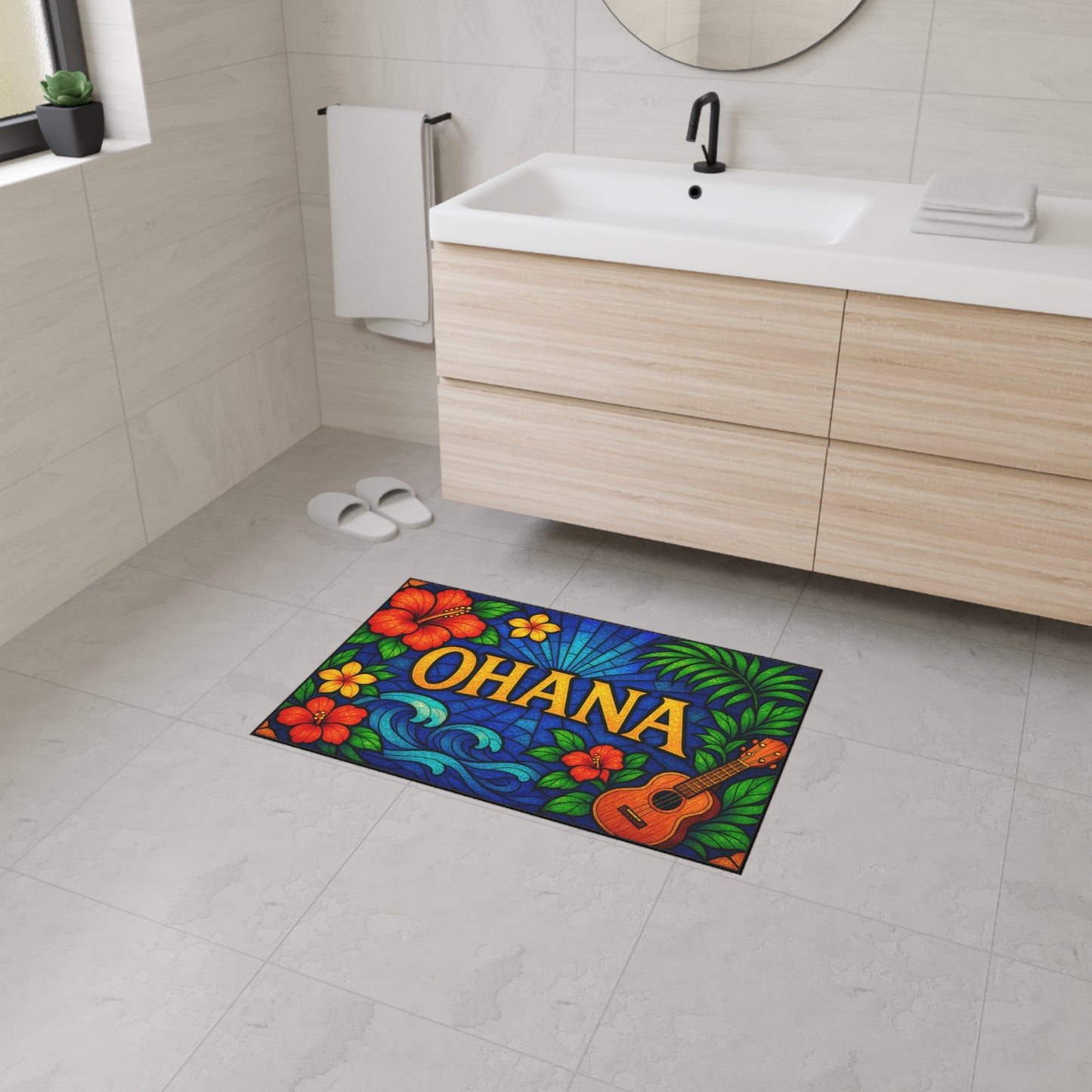 Ohana Welcome Mat - Tropical Hawaiian Rug for Entryway or Kitchen, Family Theme Doormat with Floral Aloha Vibes, Indoor Home Decor