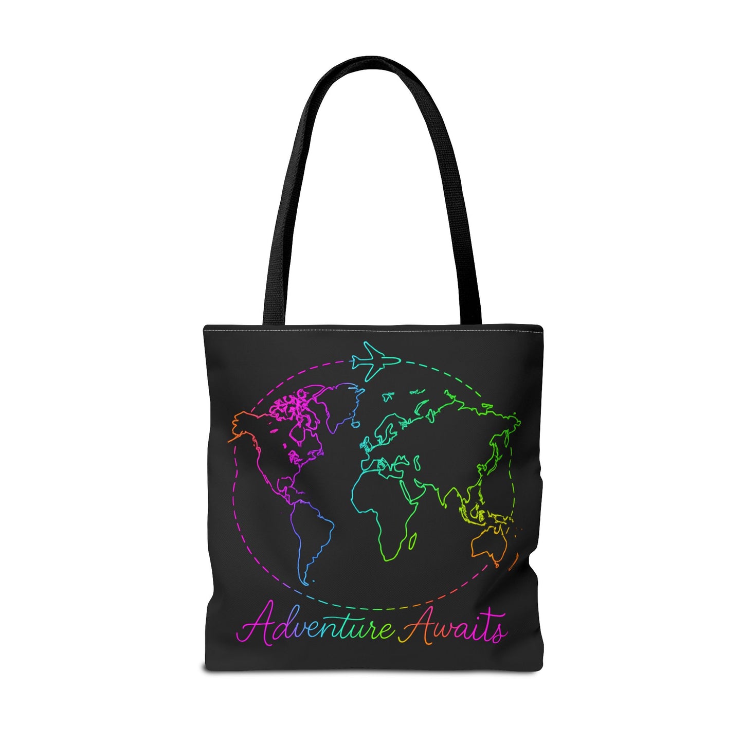 Adventure Awaits Neon Tote Bag - Y2K Rainbow World Map and Plane Travel Tote, Reusable Canvas Tote for Airport, Beach, Market + Gift
