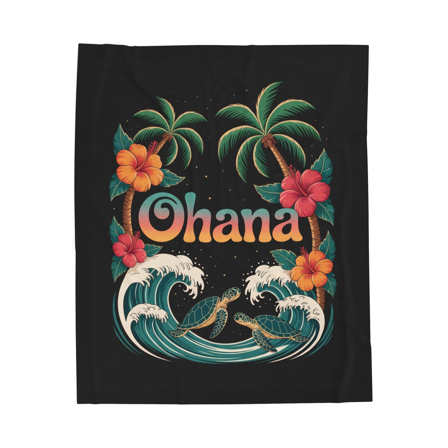 Ohana Hawaiian Turtle Blanket - Tropical Beach Throw with Palm Trees & Hibiscus - Cozy Coastal Decor Gift - Soft Summer Bed Blanket