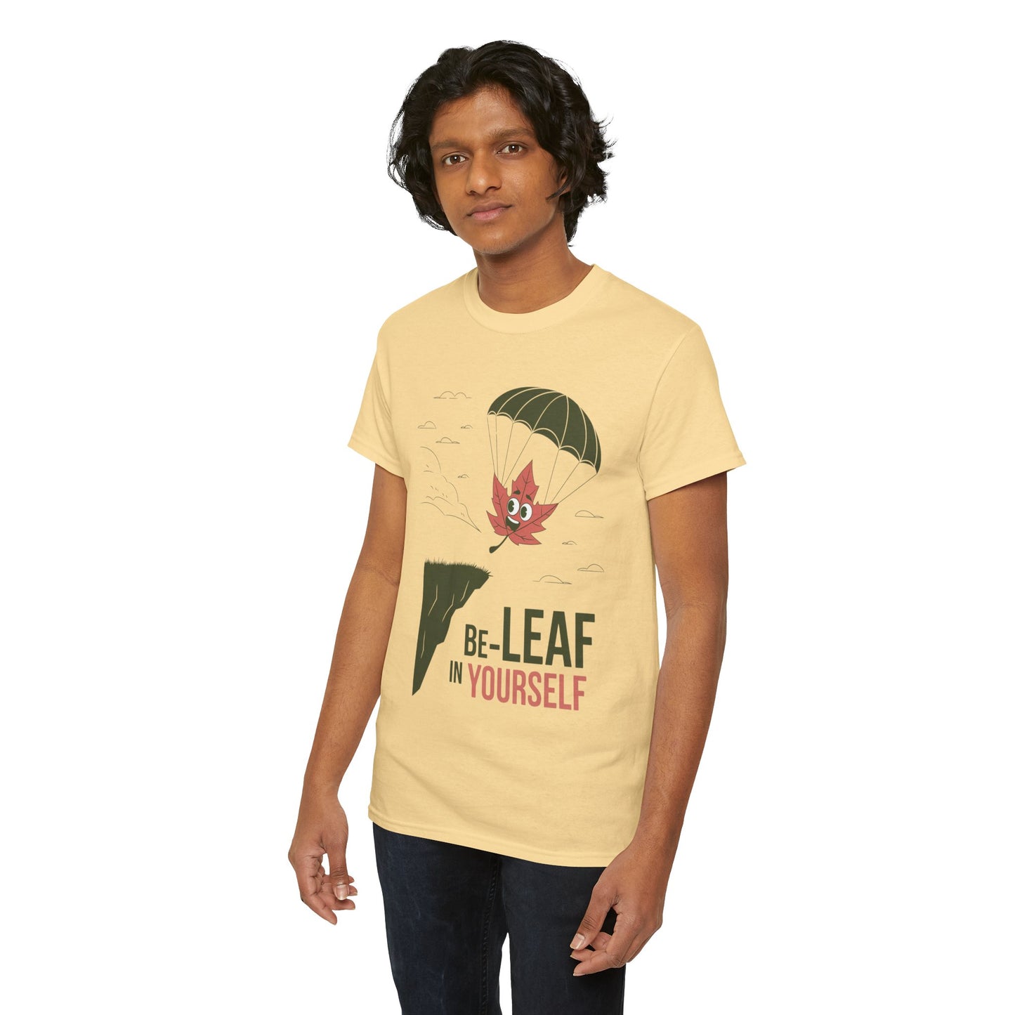Be-Leaf In Yourself Maple Leaf Parachute T-Shirt | Funny Motivational Nature Graphic Tee | Self-Love Fall Autumn Shirt | Outdoorsy Gift