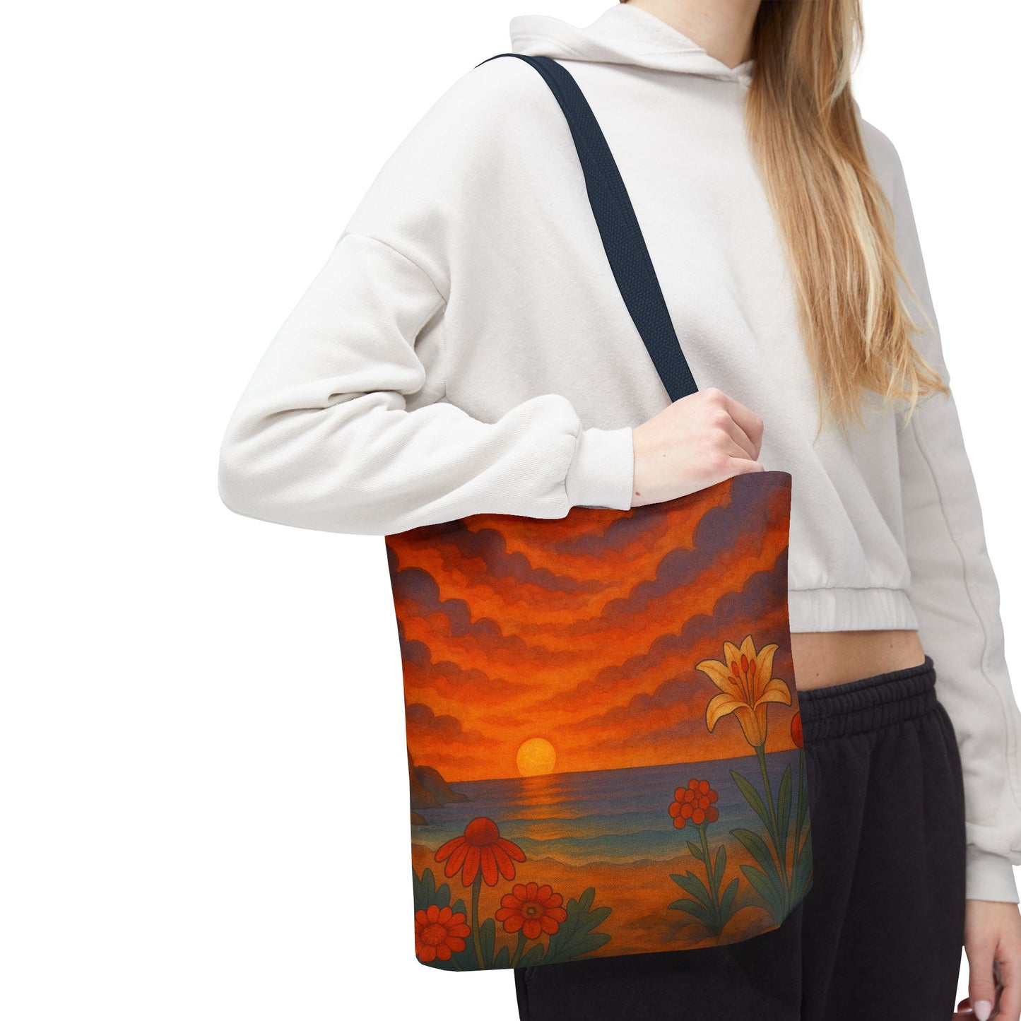 Retro Sunset Tote Bag with Wildflowers – Vibrant Floral Landscape Art, Nature-Inspired Reusable Bag, 70s Style Summer Accessory
