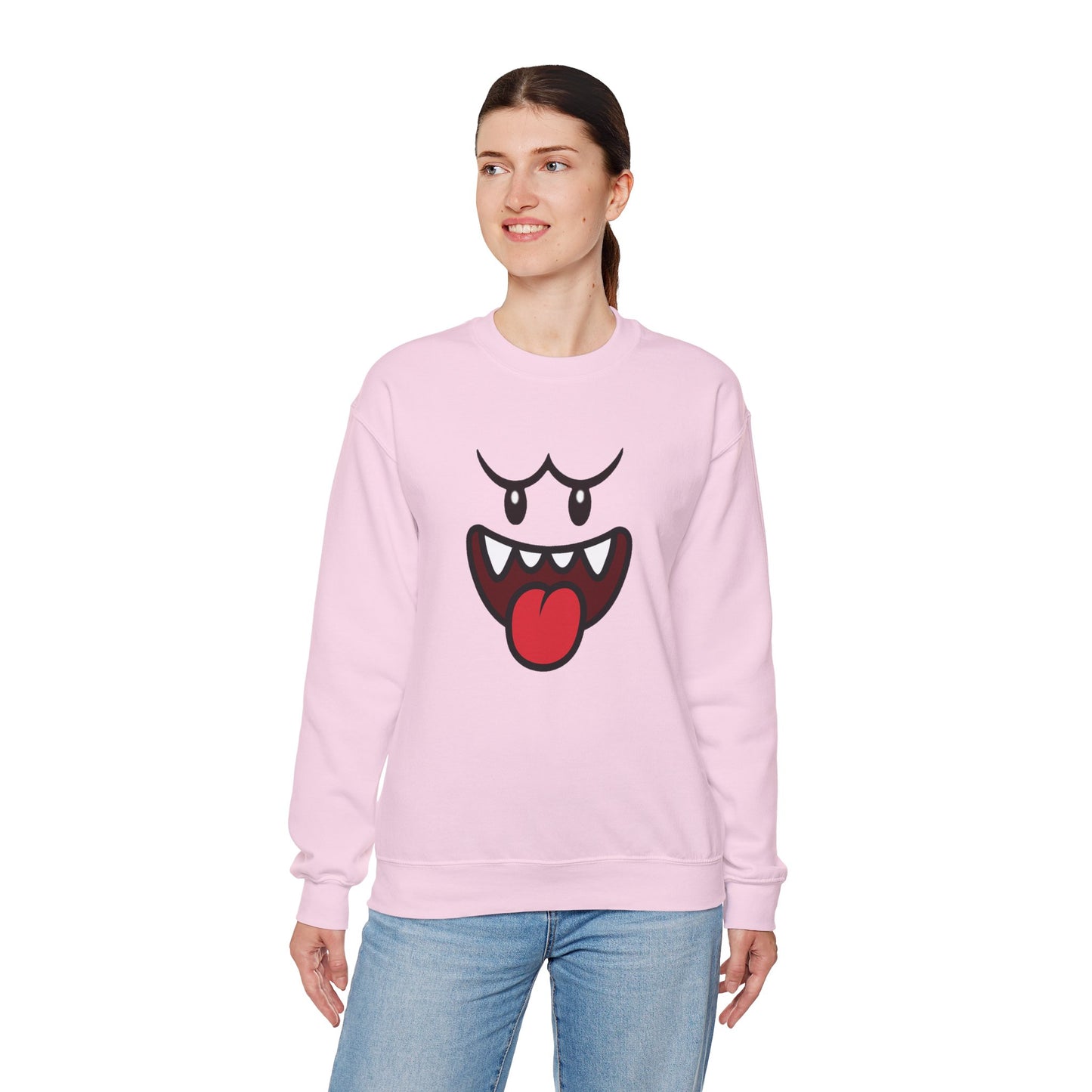 Spooky Grin Sweatshirt, Cartoon Ghost Face Crewneck, Halloween Grinning Ghost Sweatshirt, Cute Monster Smile Pullover, Spooky Season Graphic Sweat