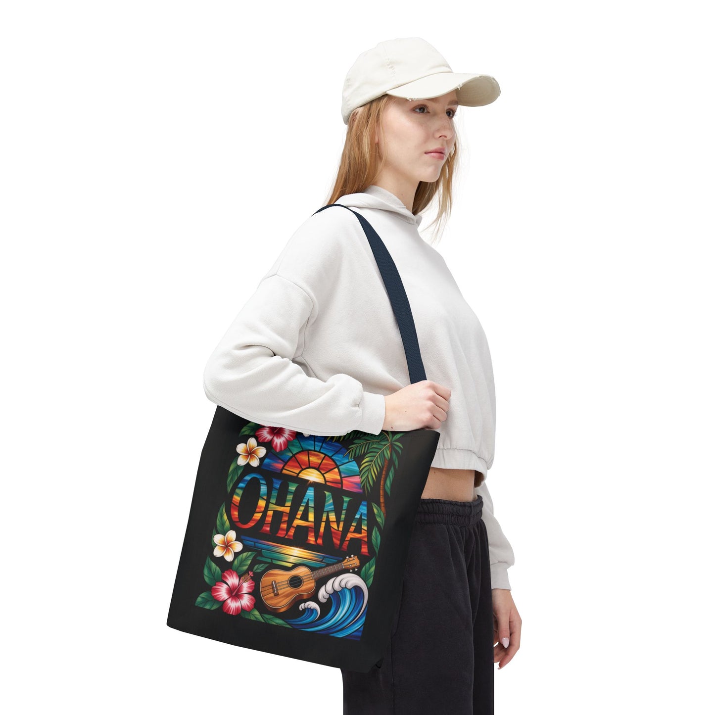 Ohana Tote Bag – Hawaiian Tropical Beach Bag with Ukulele, Sunset & Hibiscus Flowers, Island Gift for Women, Aloha Family Vibes