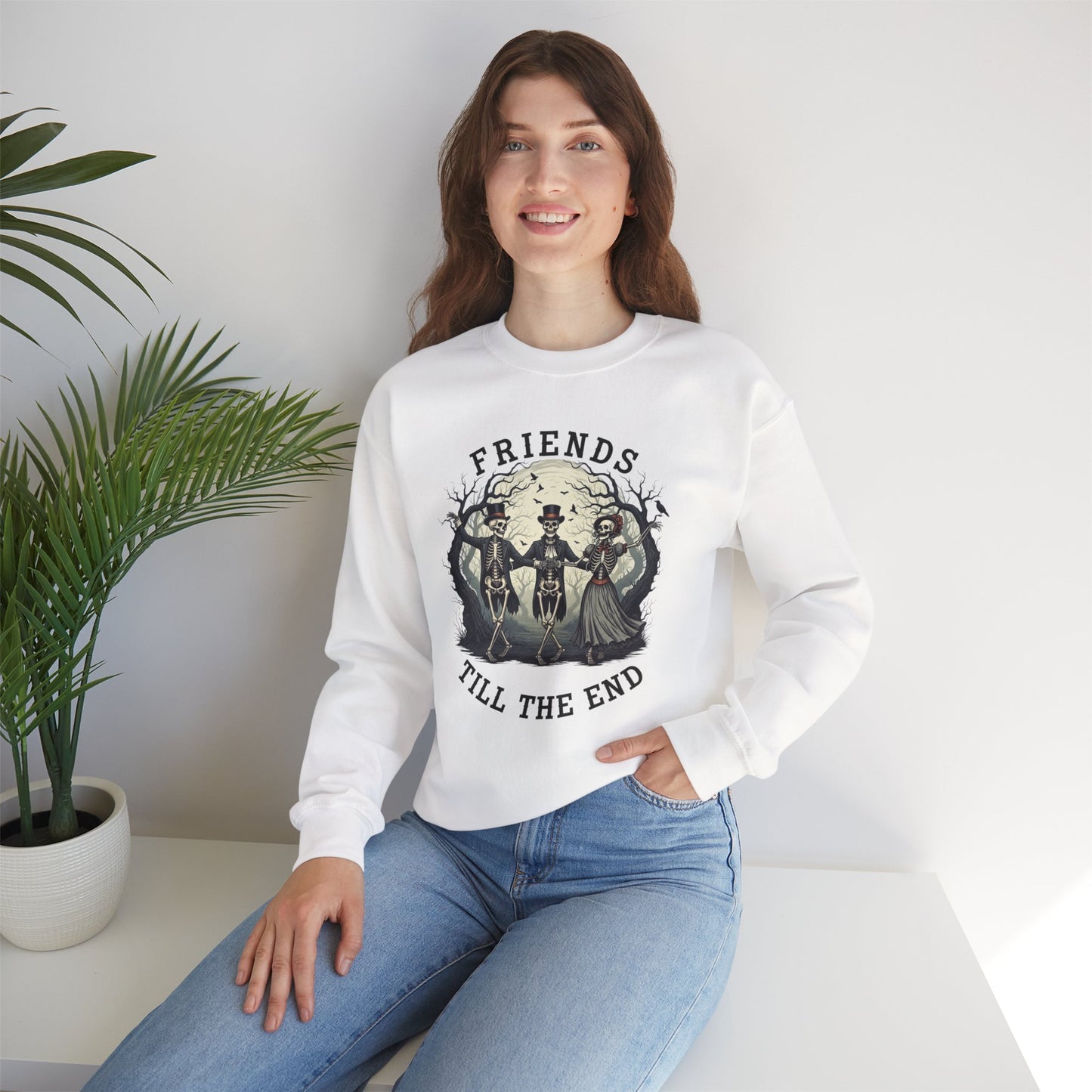 Friends Till The End Skeleton Sweatshirt | Dancing Skeletons Halloween Crewneck | Spooky Fall Graphic Pullover Gift for Bestie