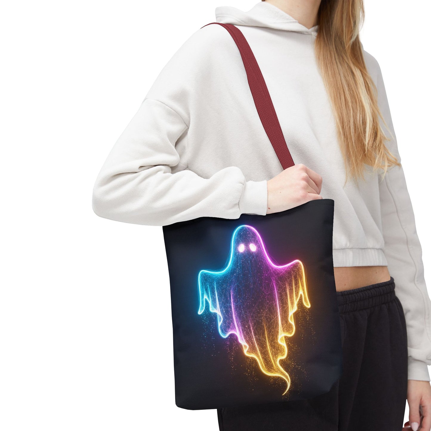 Neon Ghost Tote Bag - Bright Colorful Ghost Print Shoulder Tote, Spooky Cute Reusable Canvas Bag, Halloween Aesthetic Everyday Carry