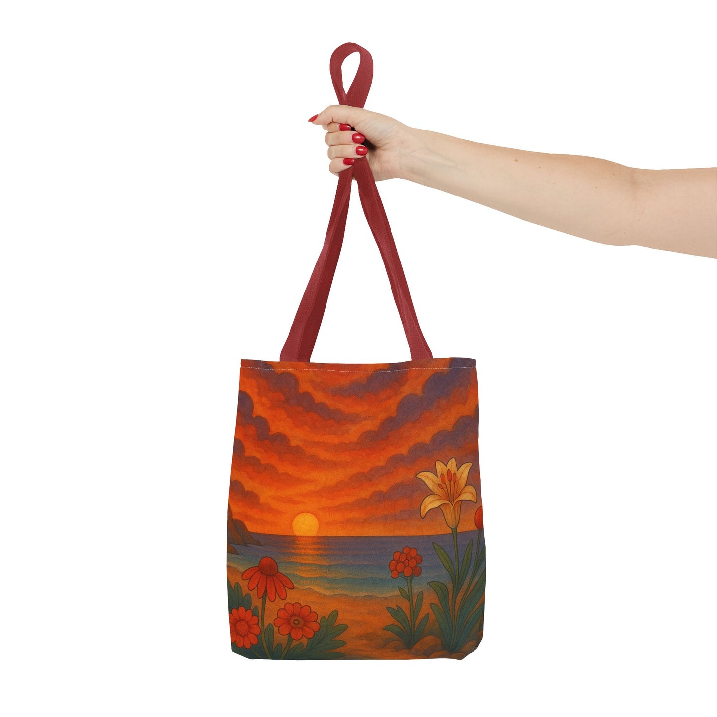 Retro Sunset Tote Bag with Wildflowers – Vibrant Floral Landscape Art, Nature-Inspired Reusable Bag, 70s Style Summer Accessory