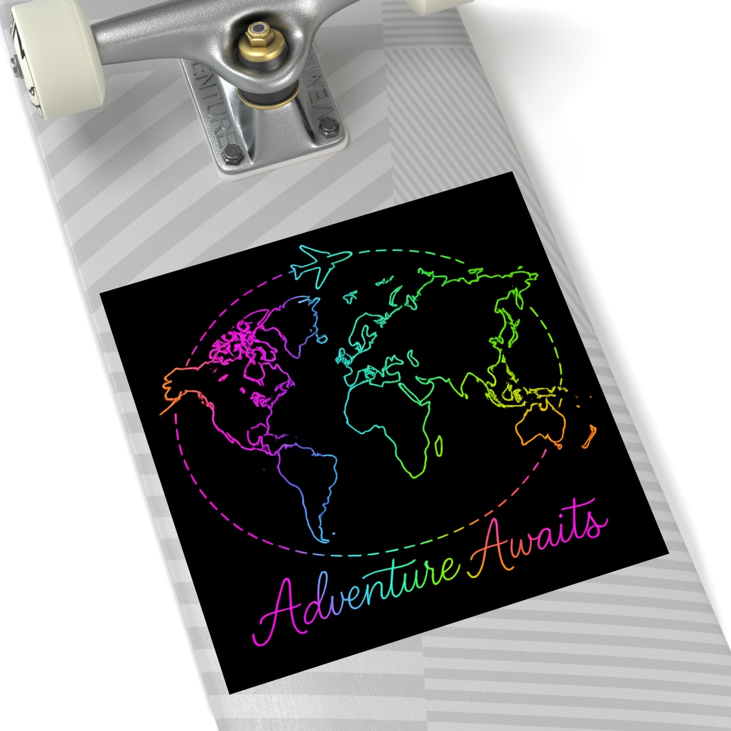 Adventure Awaits Neon Travel Sticker - Y2K Rainbow World Map Vinyl Decal for Luggage, Laptop and Water Bottle - Wanderlust Aesthetic
