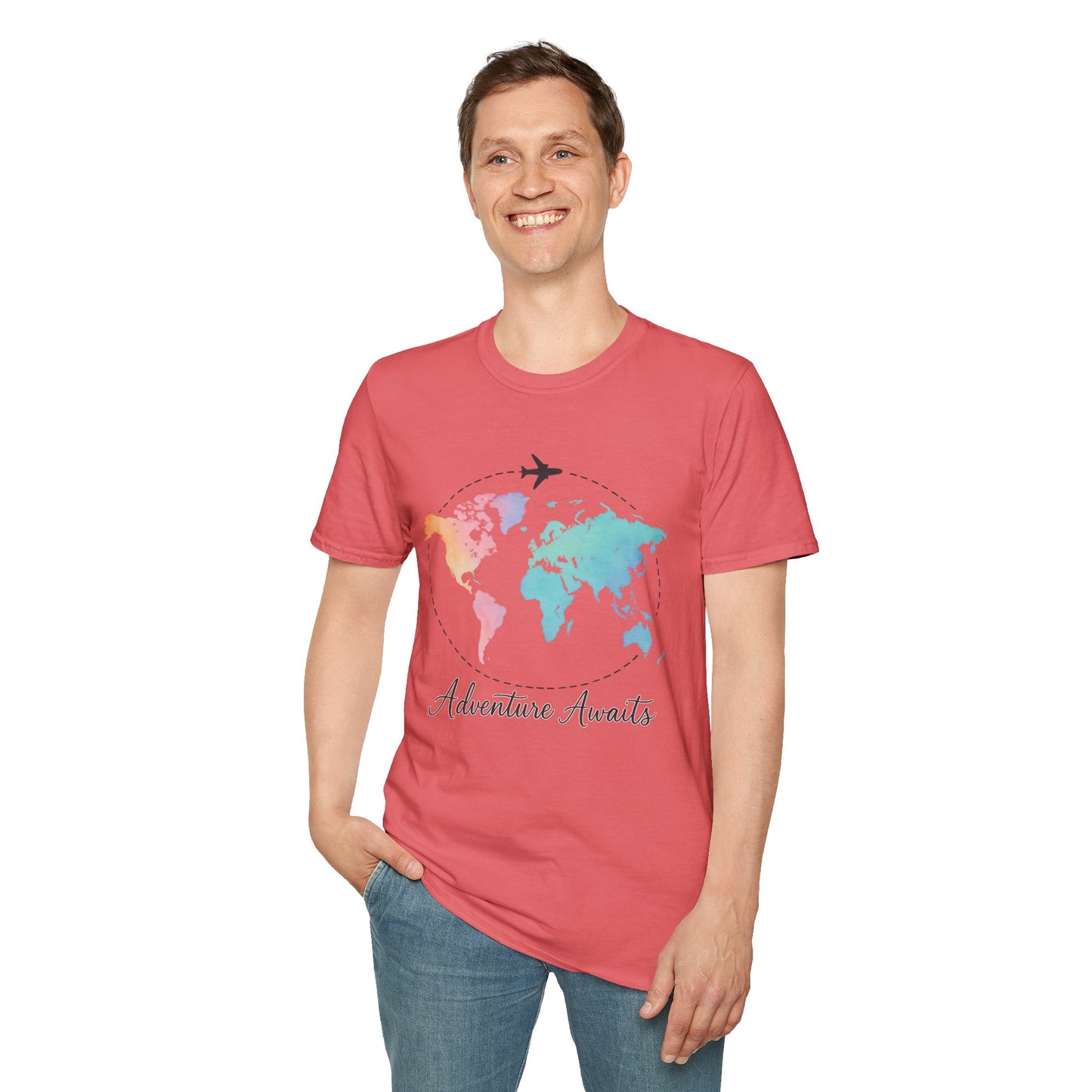 Adventure Awaits Travel Shirt | Watercolor World Map Tee for Women and Men | Wanderlust Gift for Travelers, Hikers, Campers, Beach Lovers