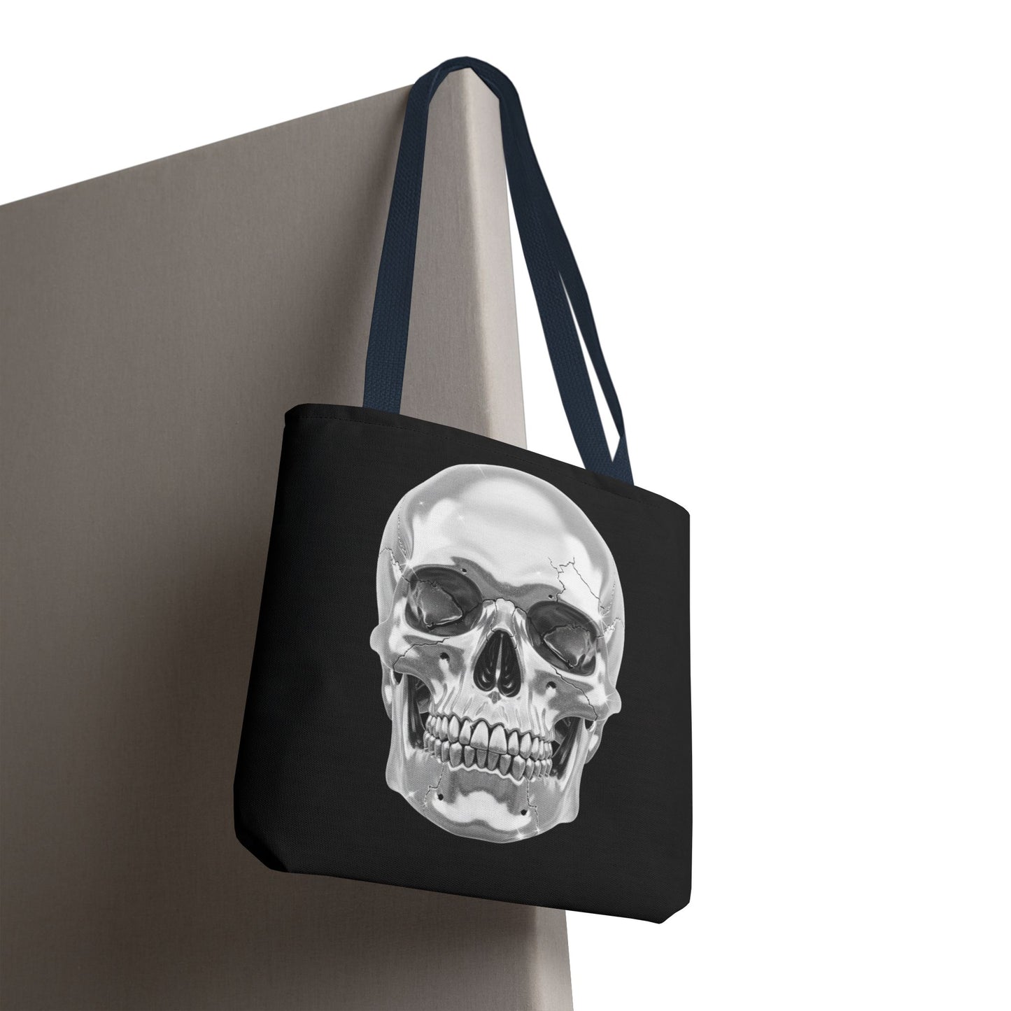 Chrome Skull Tote Bag, Gothic Halloween Canvas Tote, Metallic Skull Design Bag, Spooky Season Accessory, Skull Gift Tote For Horror Fans