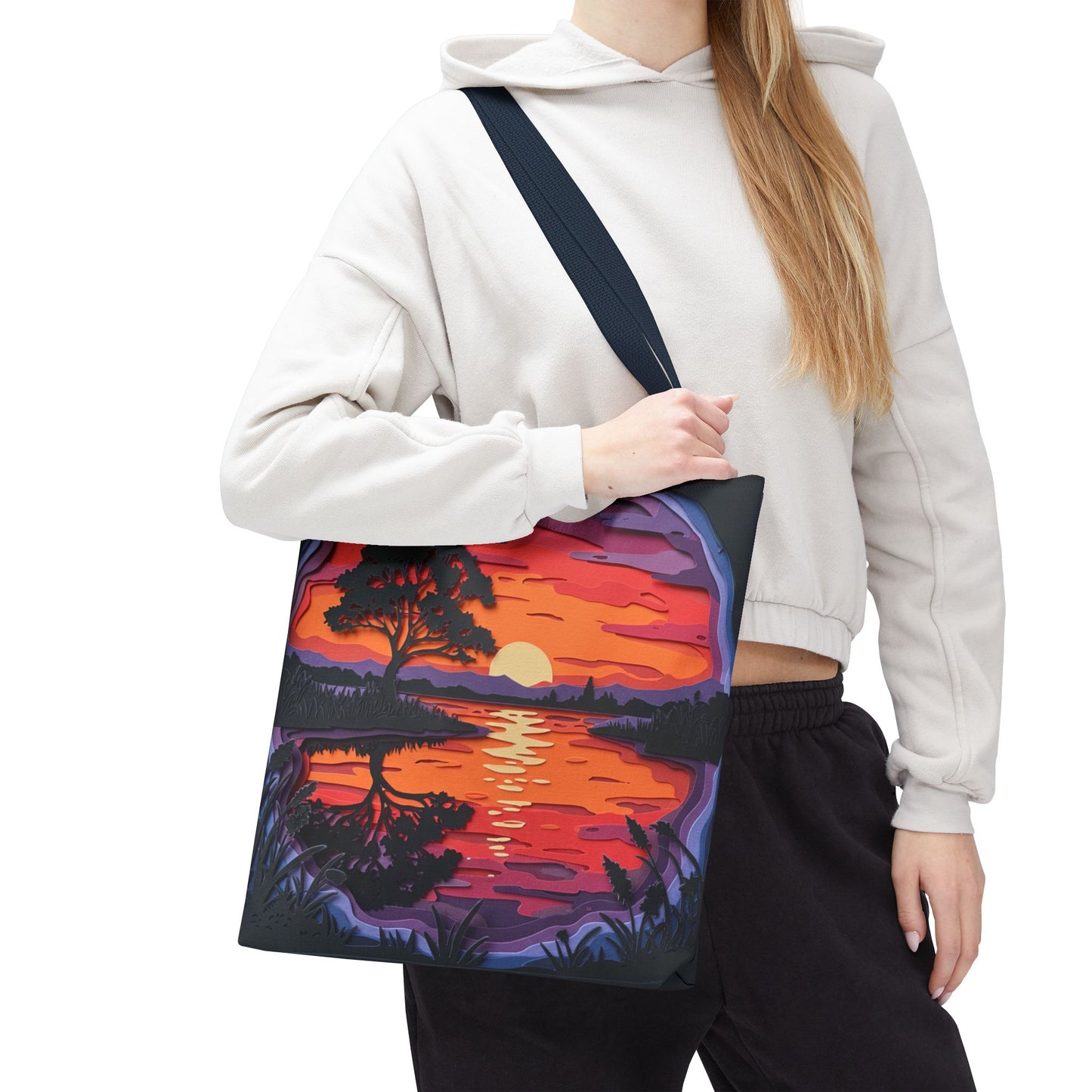 Sunset Landscape Canvas Tote Bag – Paper‑Art Inspired Nature Scene Tote – Colorful Sunset Market Tote, Eco Reusable Beach Bag, Vibrant Gift for Her