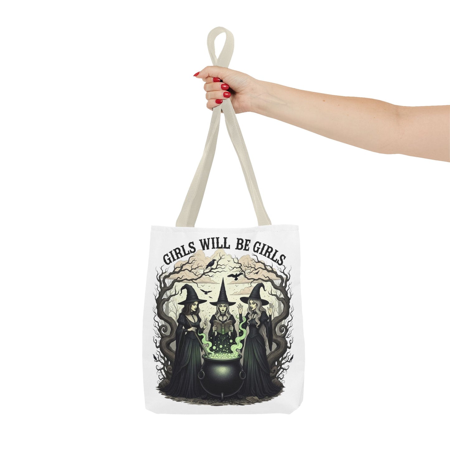 Girls Will Be Girls Halloween Tote Bag, Witchy Aesthetic Bag, Gothic Witches Cauldron Art, Spooky Gift, Reusable Eco Tote For Halloween Lovers