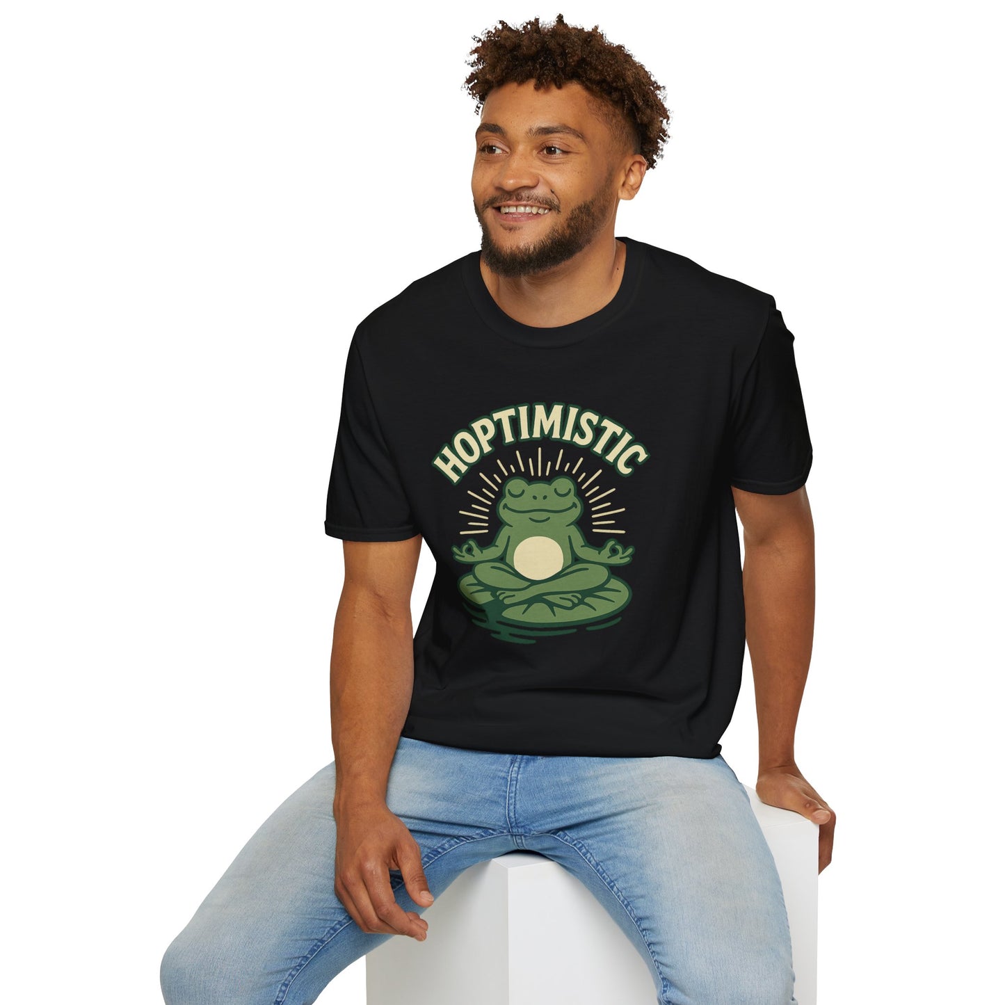 HOPTIMISTIC Relaxed Zen Frog T-Shirt • Cute Animal Graphic Tee • Mindful Yoga Frog Humor • Unisex Gift • Nature Lover Shirt