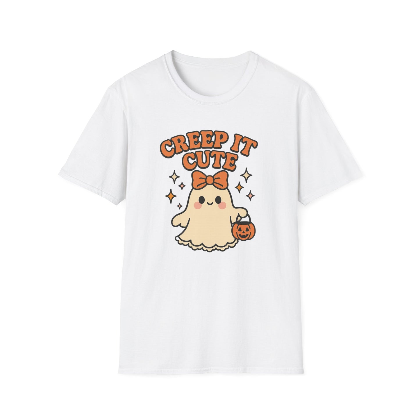 Creep It Cute Ghost Halloween Shirt - Kawaii Ghost Tee with Bow and Pumpkin, Spooky-Cute Fall Graphic T-Shirt, Spooky Season Halloween Top