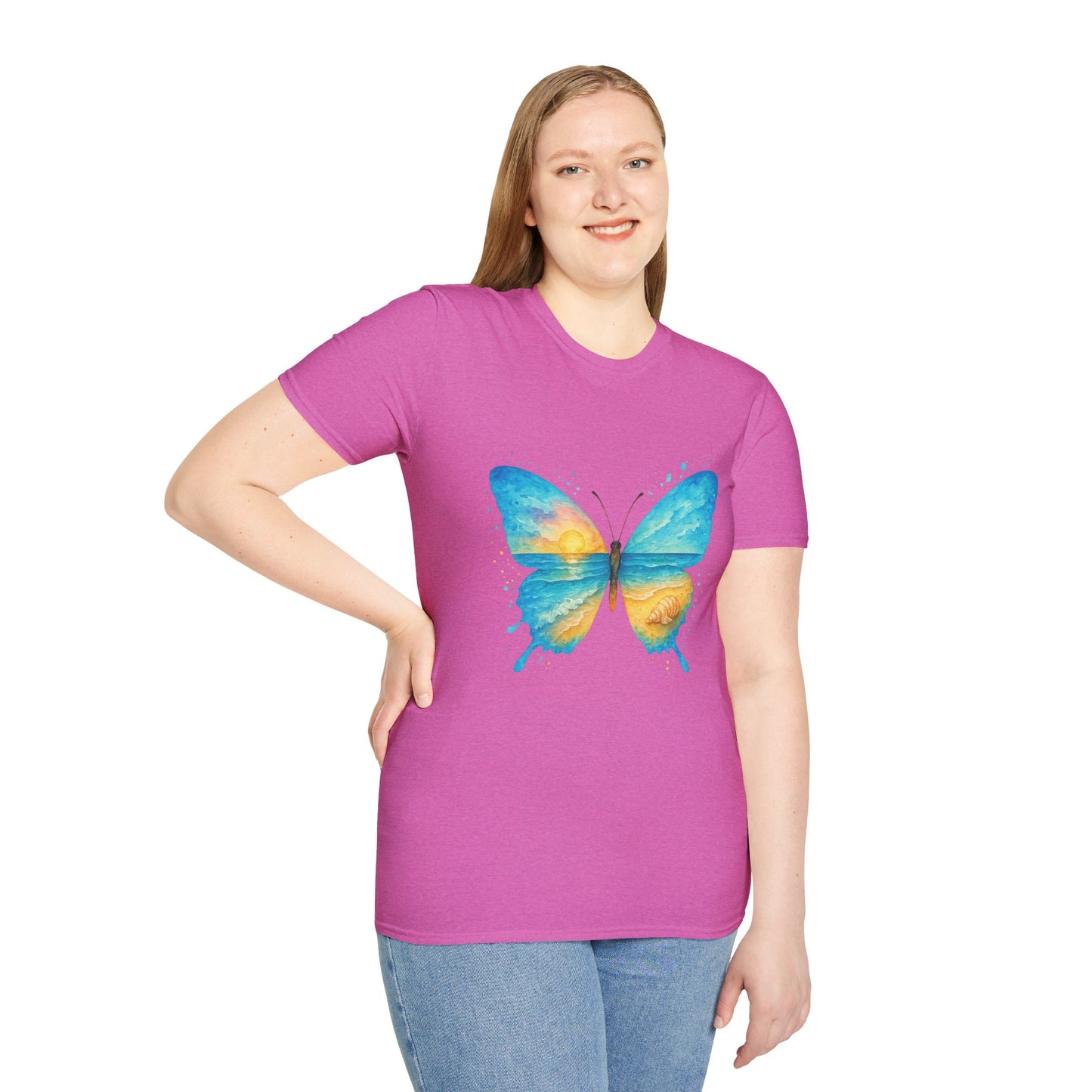 Butterfly Sunset Beach Tee - Scenic Butterfly Graphic Shirt, Nature Lover Gift, Boho Ocean Tee, Unisex Casual T-Shirt