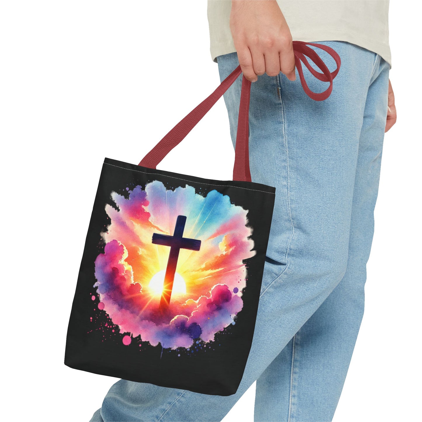 Inspirational Watercolor Sunrise Cross Tote Bag – Faith Art Canvas Tote, Christian Gift, Spiritual Aesthetic, Colorful Bible Verse Tote – Reusable Black Tote