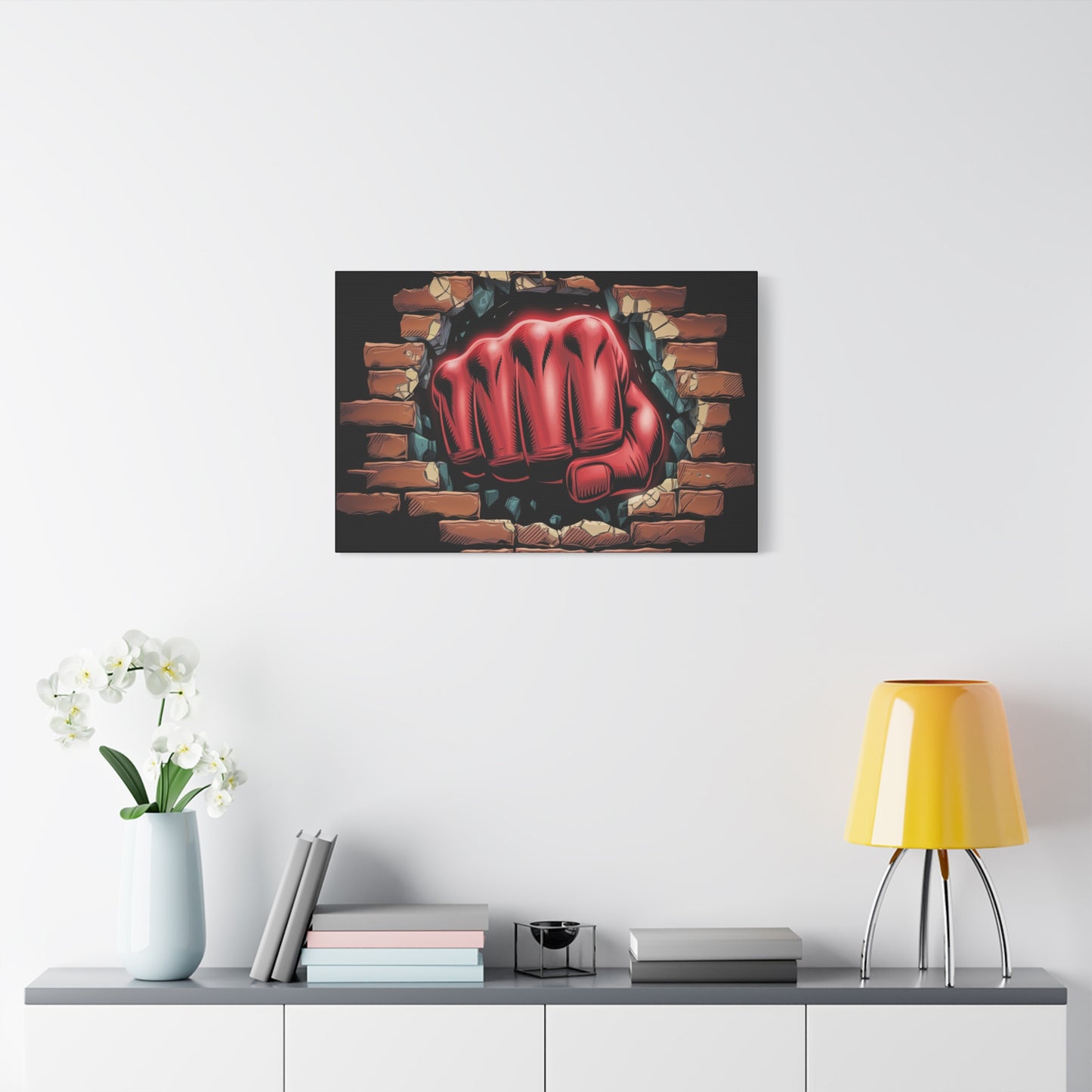 Canvas Wall Art - Red Fist Smashing Through Wall