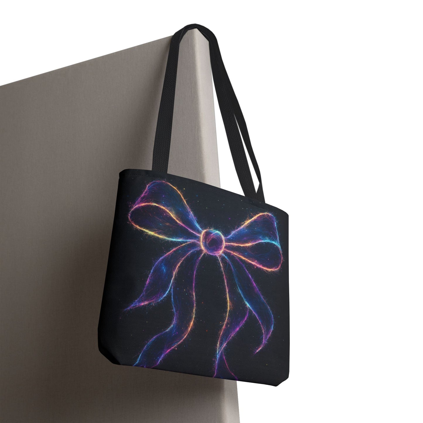 Galaxy Glow Bow Tote Bag, Cosmic Neon Ribbon Design, Black Space Art Bag, Celestial Gift For Her, Stylish Reusable Everyday Tote