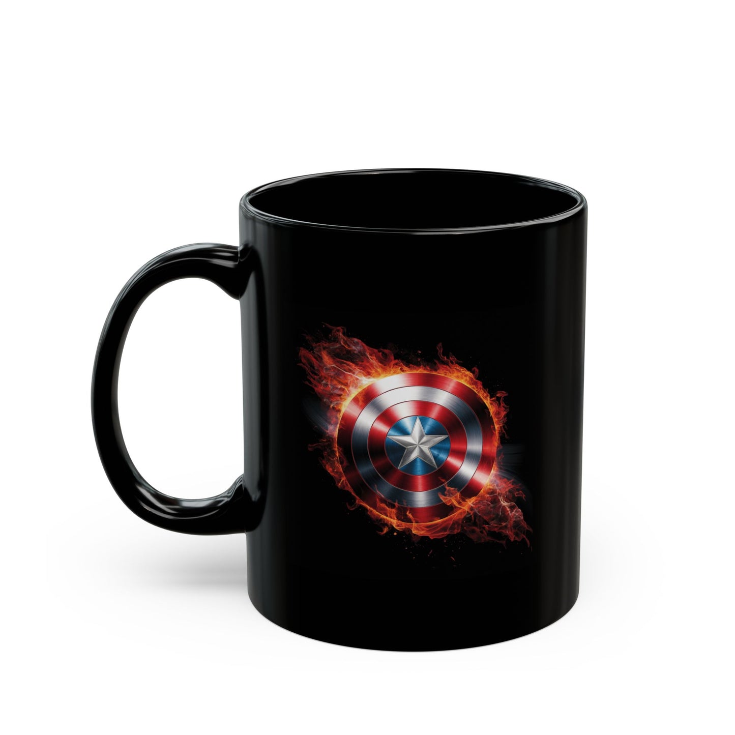Flaming Shield Emblem Mug - Fiery Red White Blue Star Coffee Cup, Metal-Inspired Symbol Design, Bold Hero Vibes Gift for Fans and Coffee Lovers