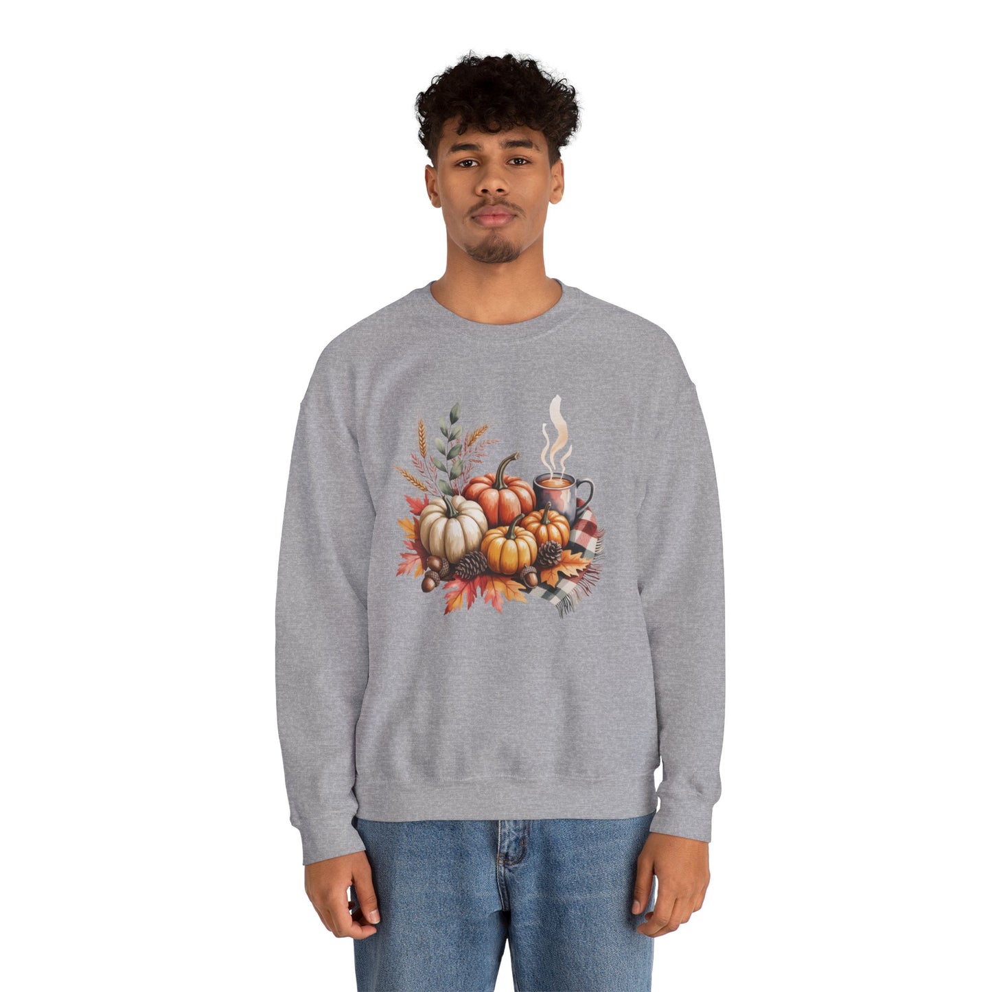 Fall Pumpkin Sweatshirt, Cozy Autumn Crewneck, Thanksgiving Sweater With Pumpkins And Coffee, Fall Leaves Pullover, Seasonal Gift