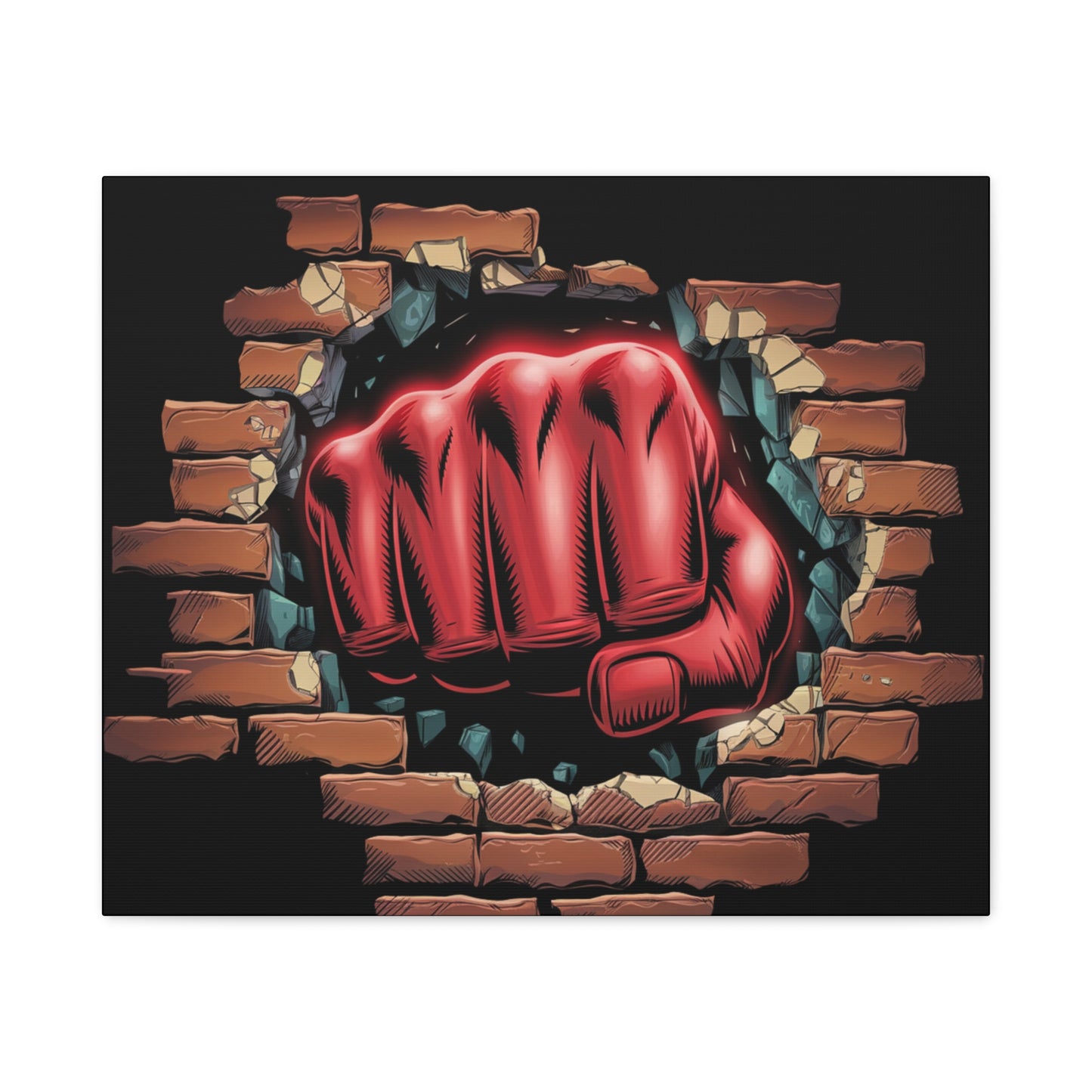 Canvas Wall Art - Red Fist Smashing Through Wall